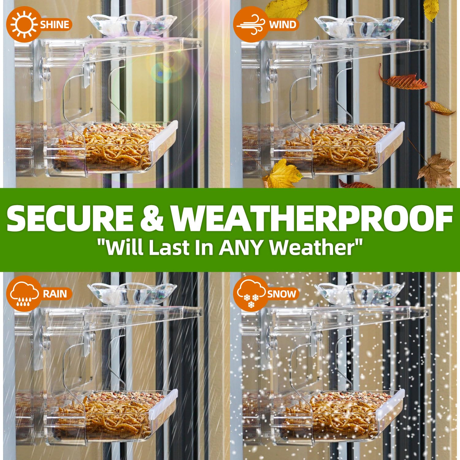 WENMIXER Window Bird Feeder with Non-Marking Self-Adhesive Hooks, Clear Window Bird Feeder for Outside, Transparent Bird House, Outdoor Bird Feeders, Wild Bird Watching Gift, Garden Decor