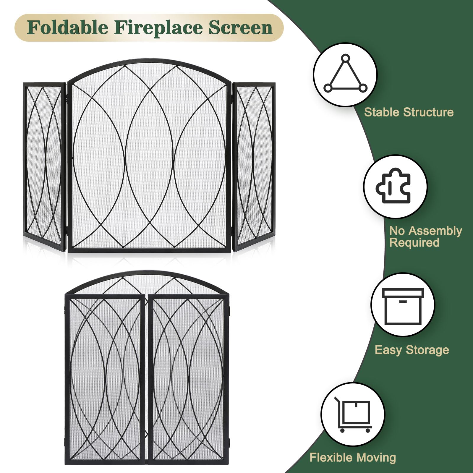 FEED GARDEN 3 Panel Fireplace Screen 48" W x 29.5" H Modern Foldable with Wrought Metal Decorative Mesh,Arch Heavy Duty Fire Spark Guard Cover for Home Decor Indoor, Black