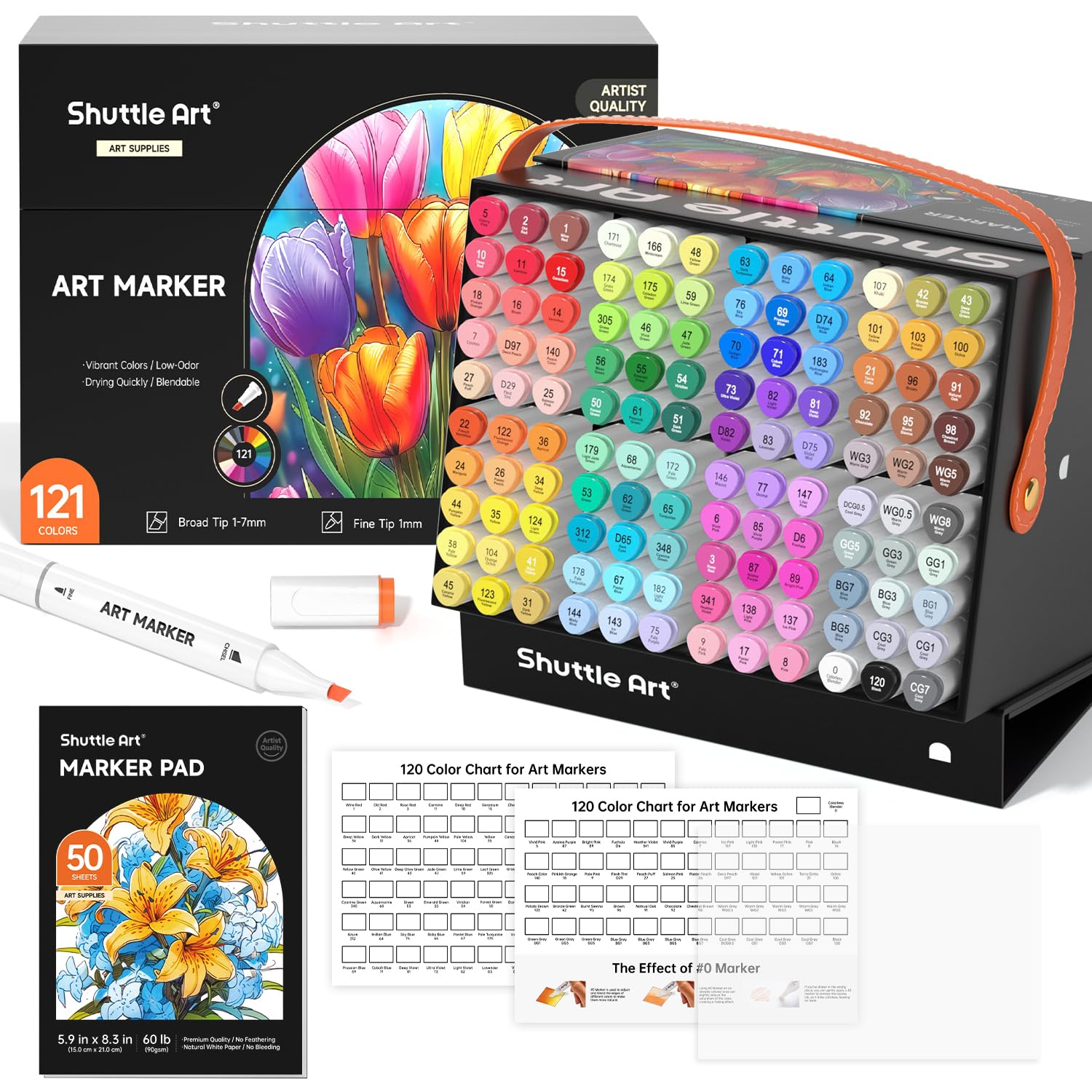 Shuttle Art 121 Colors Alcohol Markers, 120 Colors Dual Tip Art Marker Set Plus 1 Colorless Blender with Marker Case Perfect for Illustration Students Adult Coloring Sketching