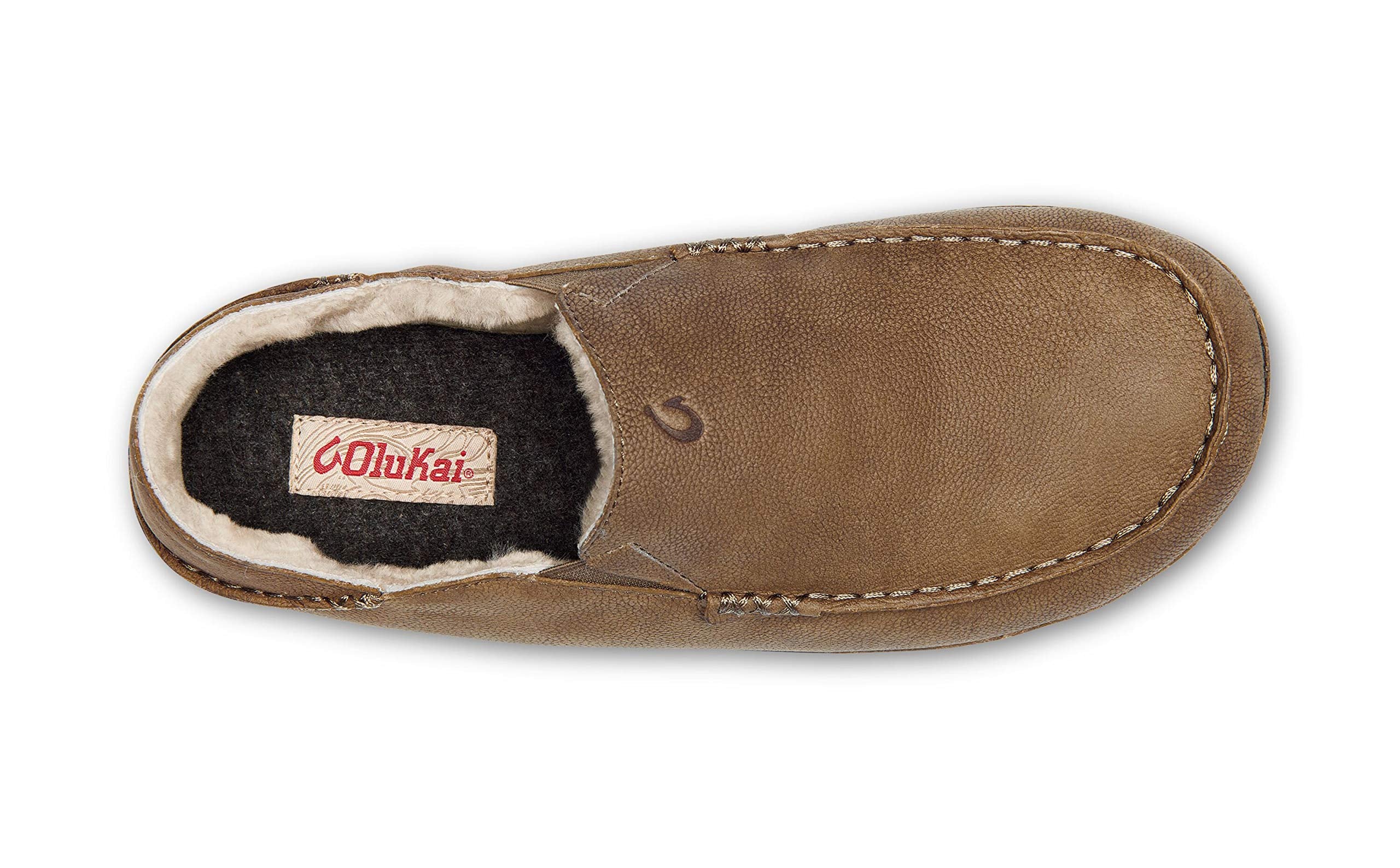 OLUKAI Kipuka Hulu Men's Leather Slippers, Premium Nubuck Leather Slip On Shoes, Shearling Lining & Gel Insert, Drop-In Heel Design, Toffee/Toffee, 7