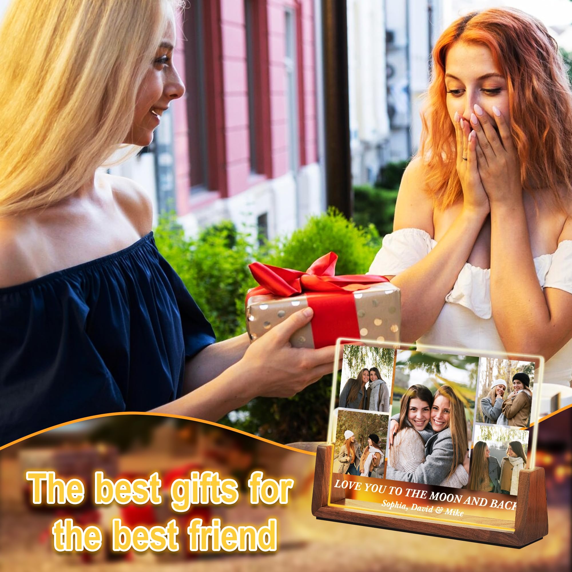 Personalized Best Friend Birthday Gifts, Friendship Gifts For Women, Custom Acrylic Plaque Night Light With Picture Frame, Customized Long Distance BFF Besties Soul Sister Christmas Gift