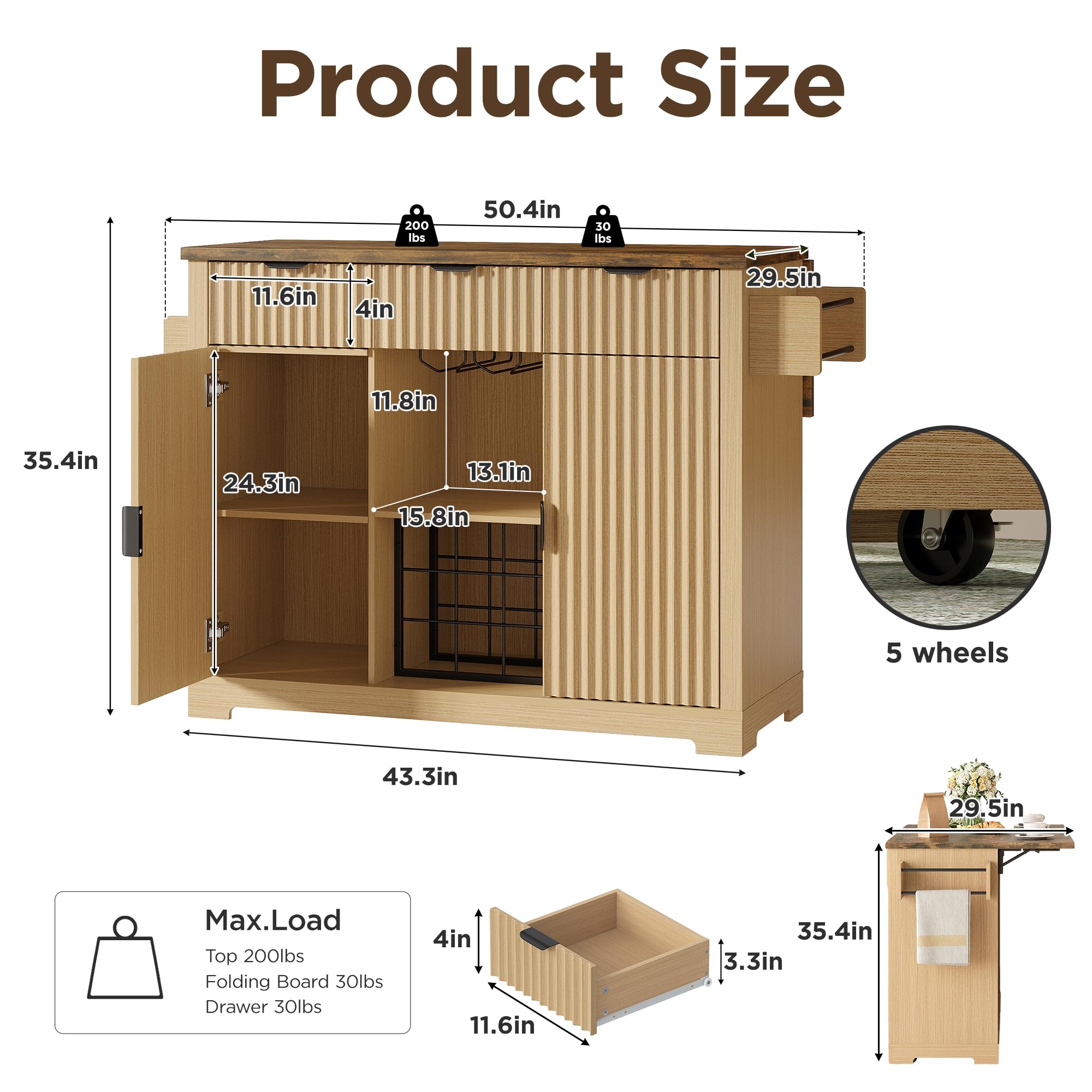 Maupvit 50" Fluted Sideboard Cabinet with Foldable Tabletop, Mobile Buffet Storage Cabinet with 2 Adjustable Cabinets, 3 Drawers, Wine & Glass Rack for Kitchen Dining Room,Natural