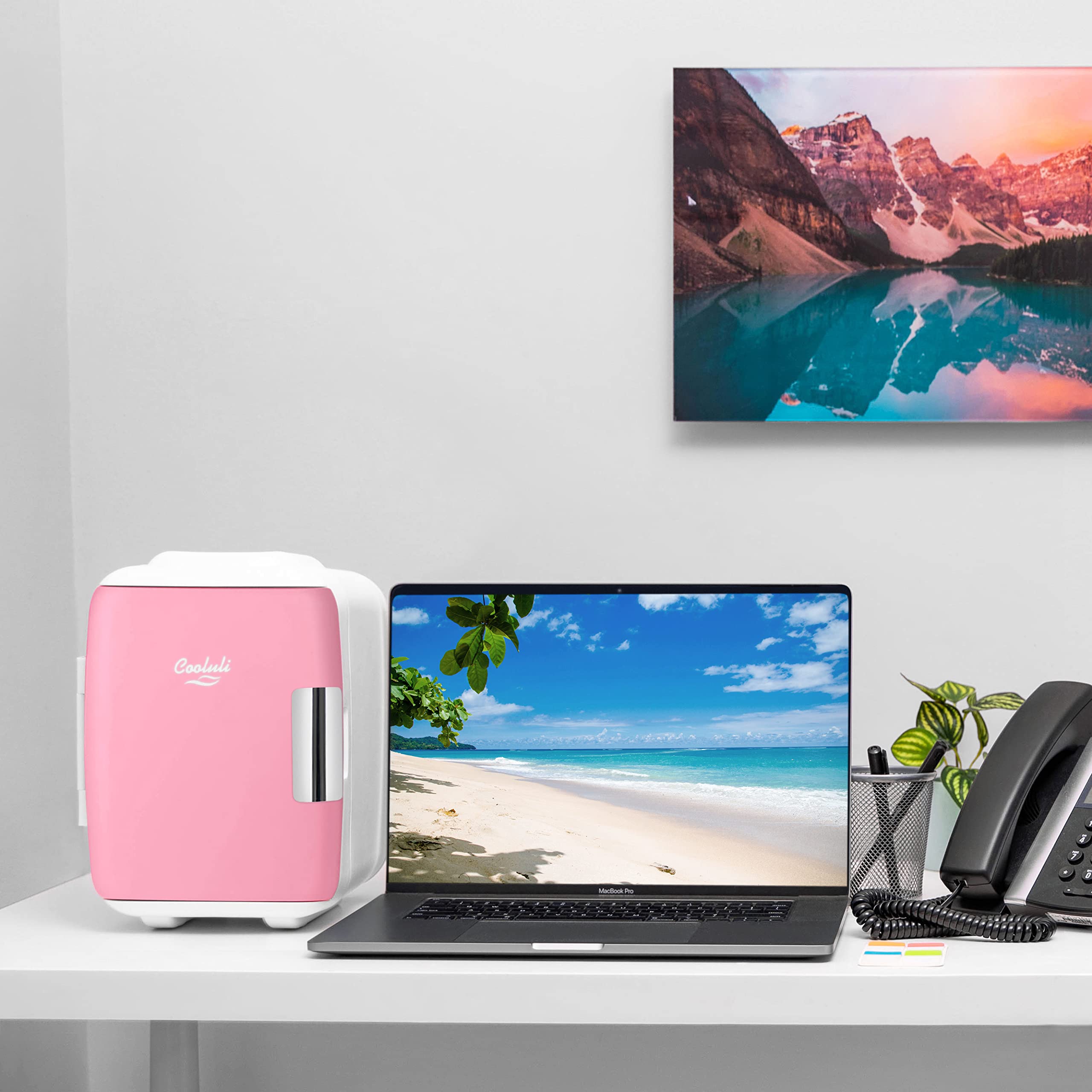 Cooluli Mini Fridge for Bedroom - Car, Office Desk & Dorm Room - Portable 4L/6 Can Electric Plug In Cooler & Warmer for Food, Drinks, Skincare Beauty & Makeup - 12v AC/DC & Exclusive USB Option, Pink
