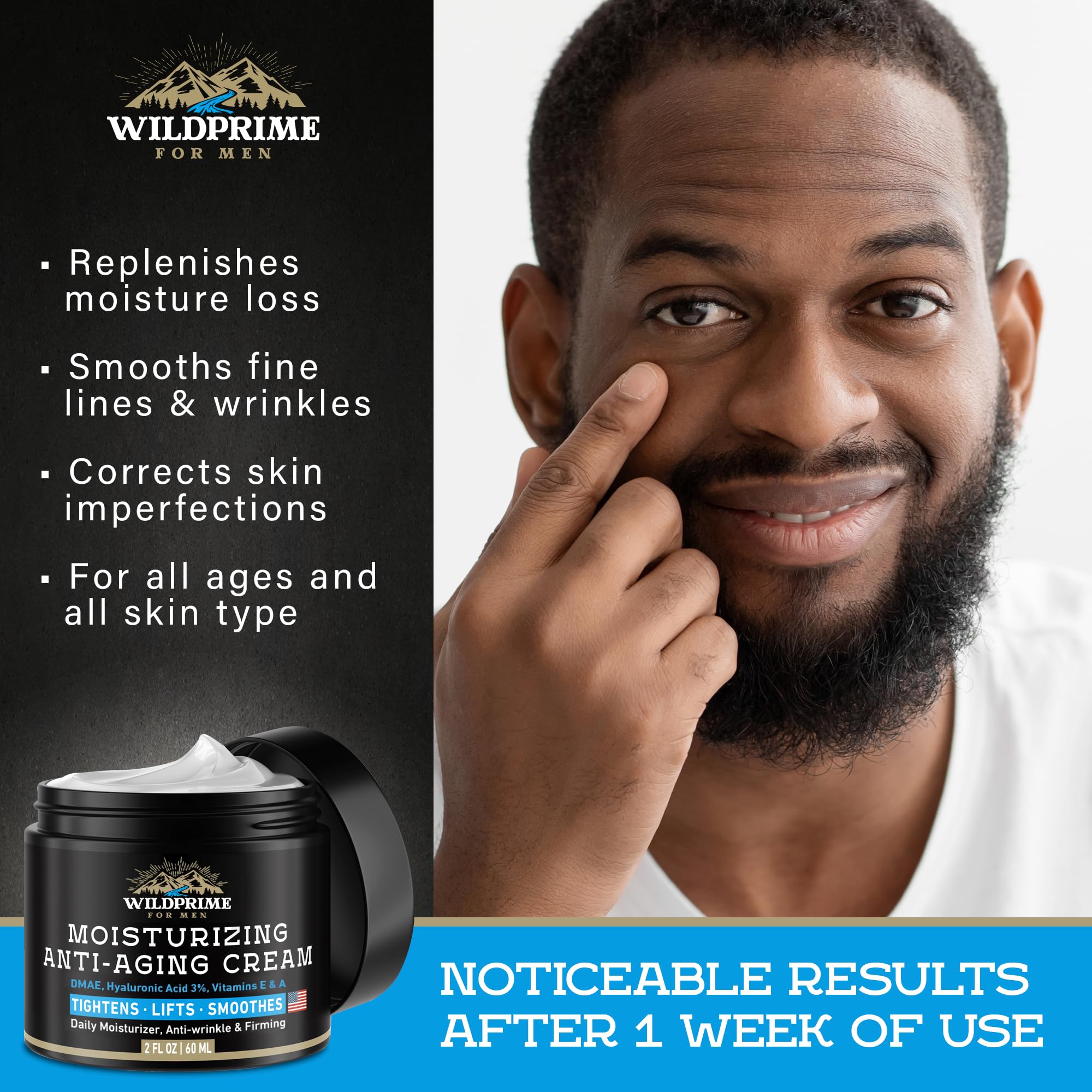 Men's Face Moisturizer Cream - Anti Aging & Wrinkle - Made in USA - Collagen, Hyaluronic Acid, Vitamins E & A, Avocado Oil - After Shave Lotion - Age Facial Skin Care, Day & Night Moisturizing, 2 oz
