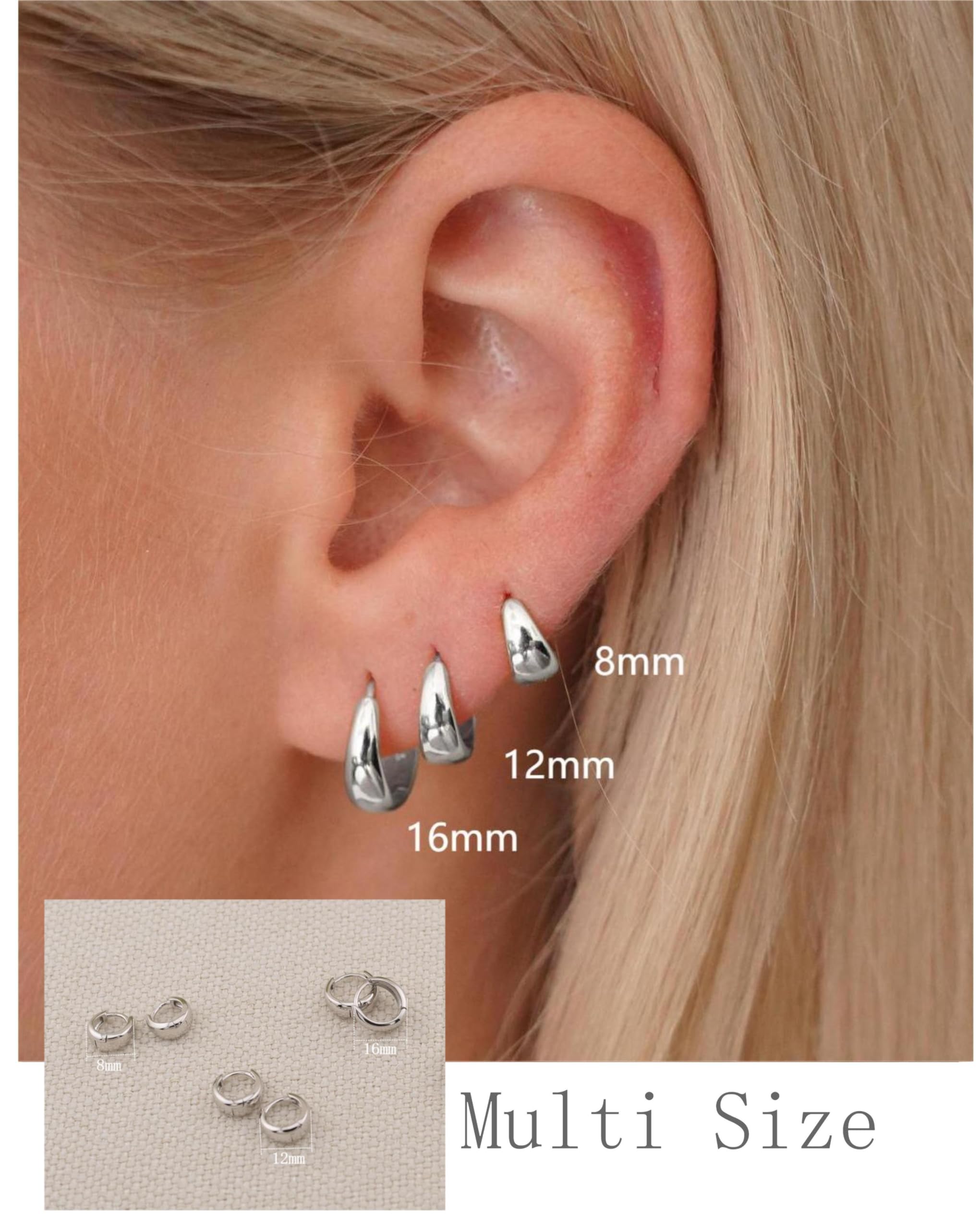 ASCOMY Hoop Earrings Set for Women Teen Silver Huggie Hoops Earrings 14K White Gold Plated 3 Pairs Chunky Circle Hoop Buckle Earrings Set Lightweight Hypoallergenic Gifts for Women Girls