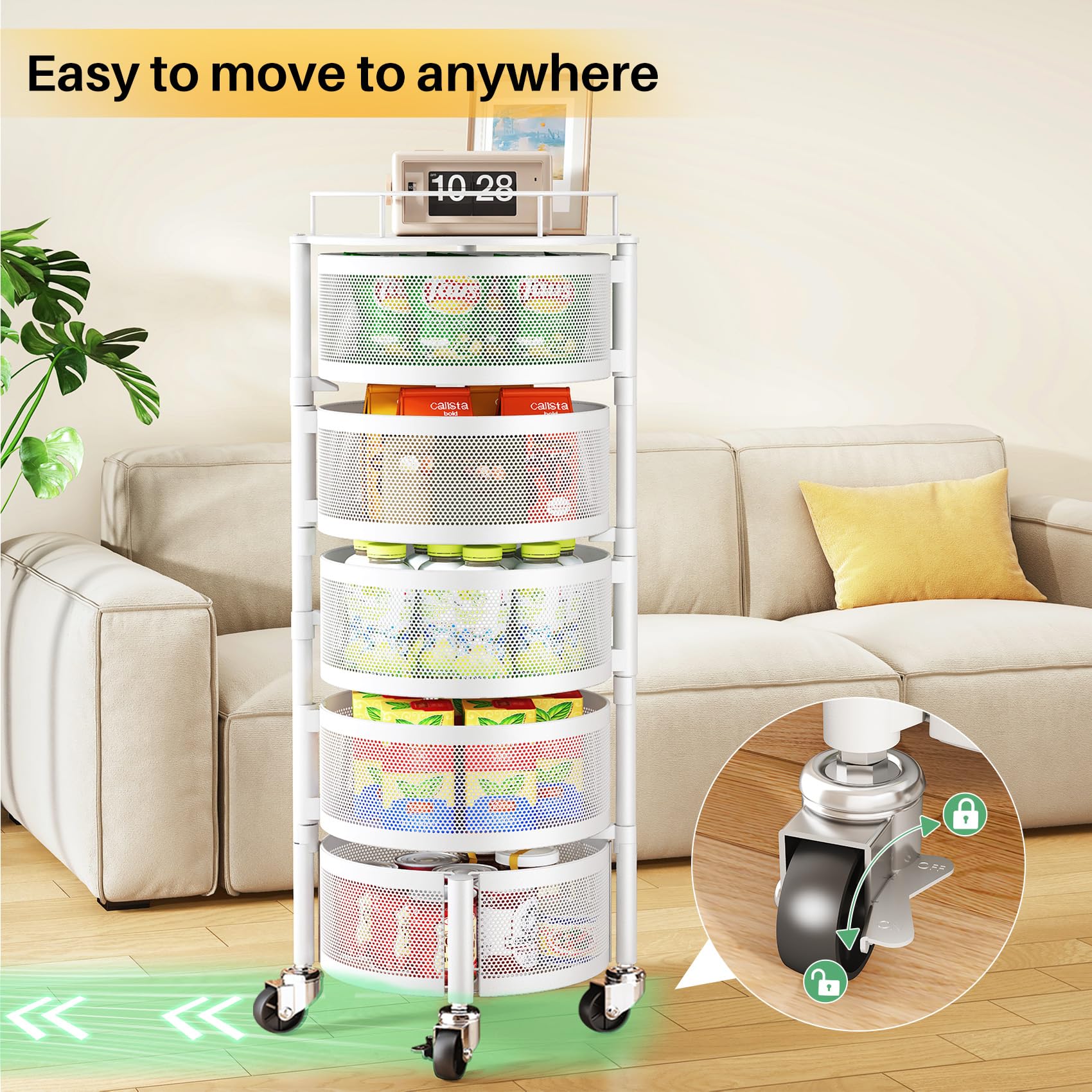 SNTD Fruit and Vegetable Basket Bowls for Kitchen with Metal Top Lid, 5 Tier Rotating Storage Rack Cart for Potato Onion Banana, Wire Basket Organizer on Wheels, Large (White)