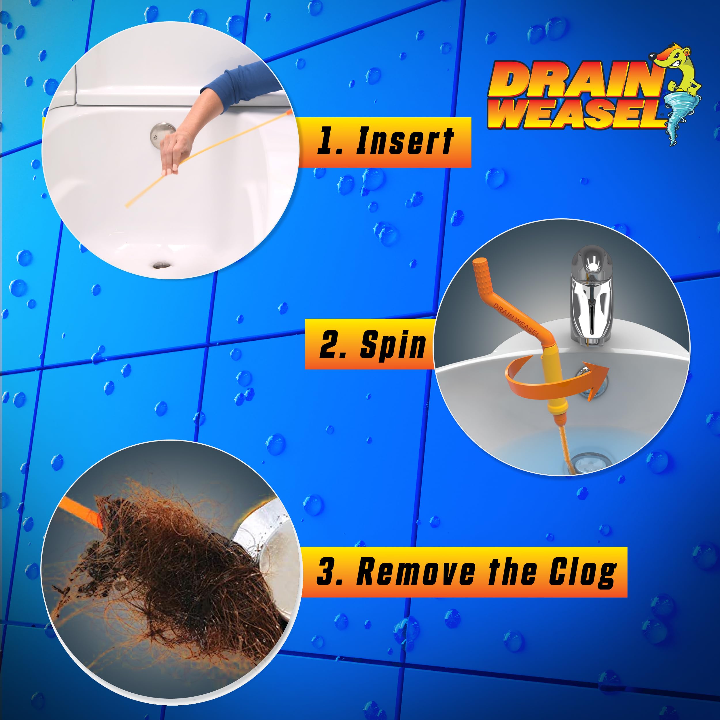 FlexiSnake Drain Weasel MAX Drain Hair Clog Remover Tool with Rotating Handle and 2 Wand Refills, Made in the USA, 20 inch