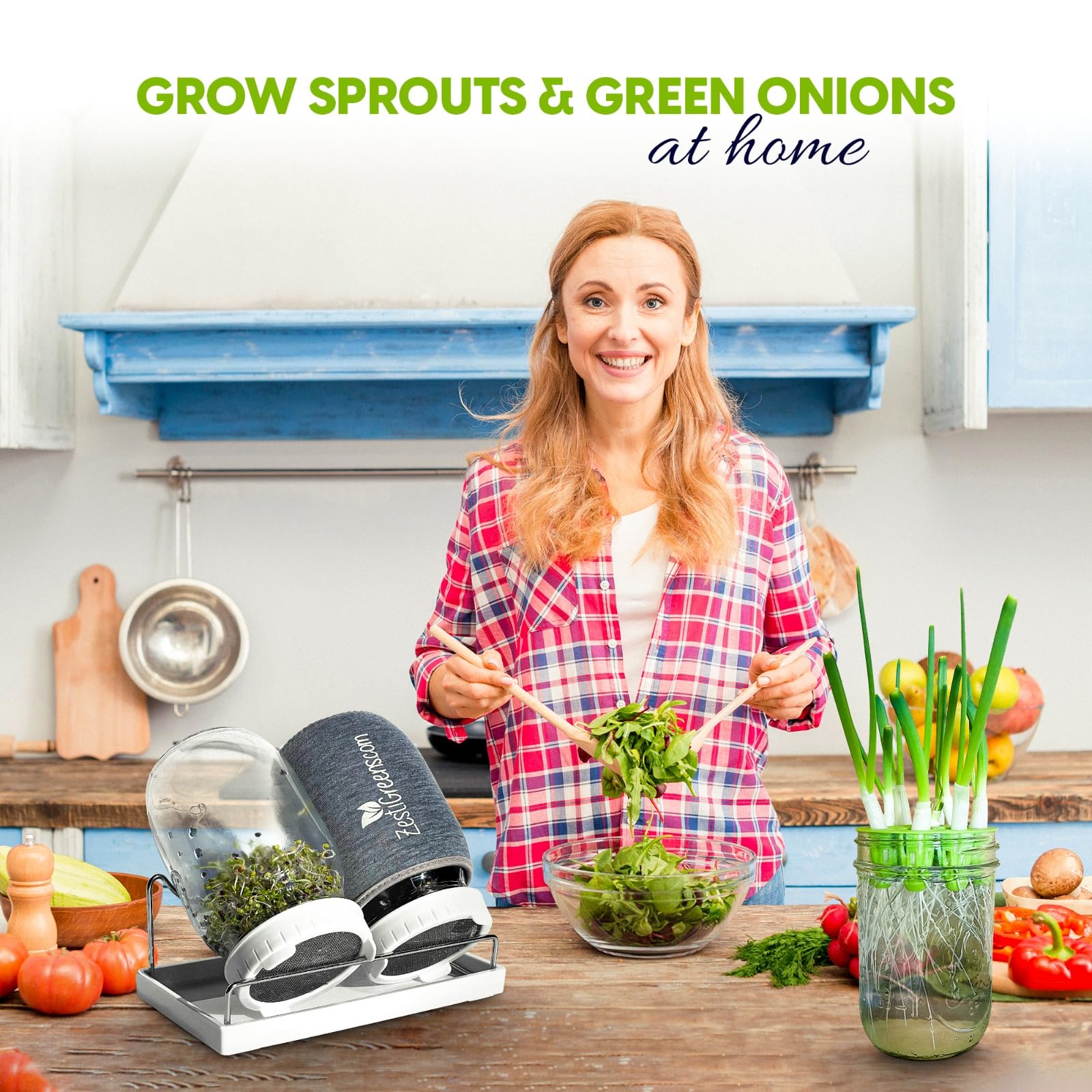 Premium Sprouts Growing Kit & Green Onion Regrower with 2 Mason Jars & Superior Sprout lids, Premium USA Alfalfa Seeds and Premium Mung Bean Sprouting Seeds