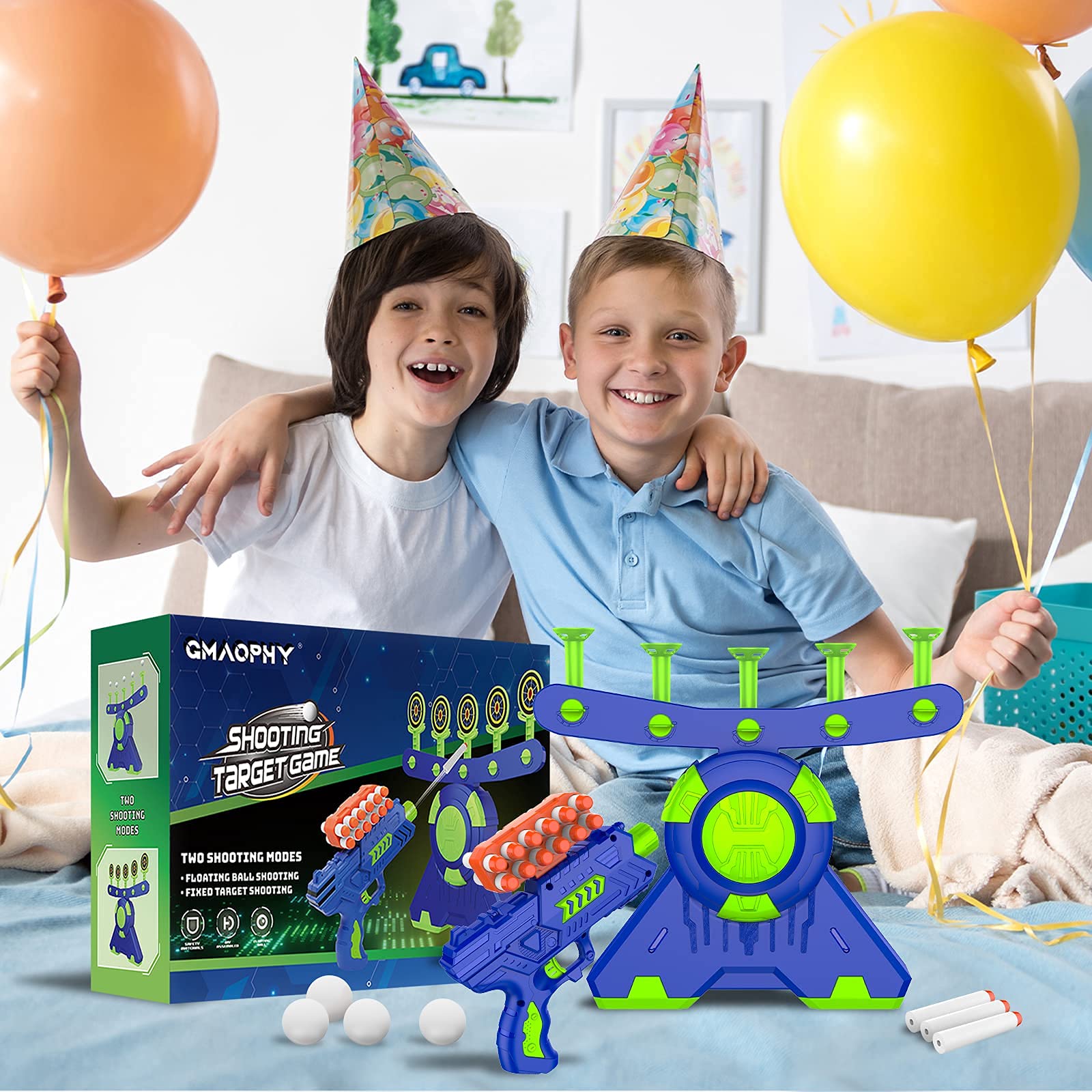 GMAOPHY Shooting Games Toy Gift for Age 5, 6, 7, 8, 9, 10+ Years Old Kids, Glow in The Dark Boy Toy Floating Ball Targets with Foam Dart Toy Blaster, 10 Balls 5 Targets