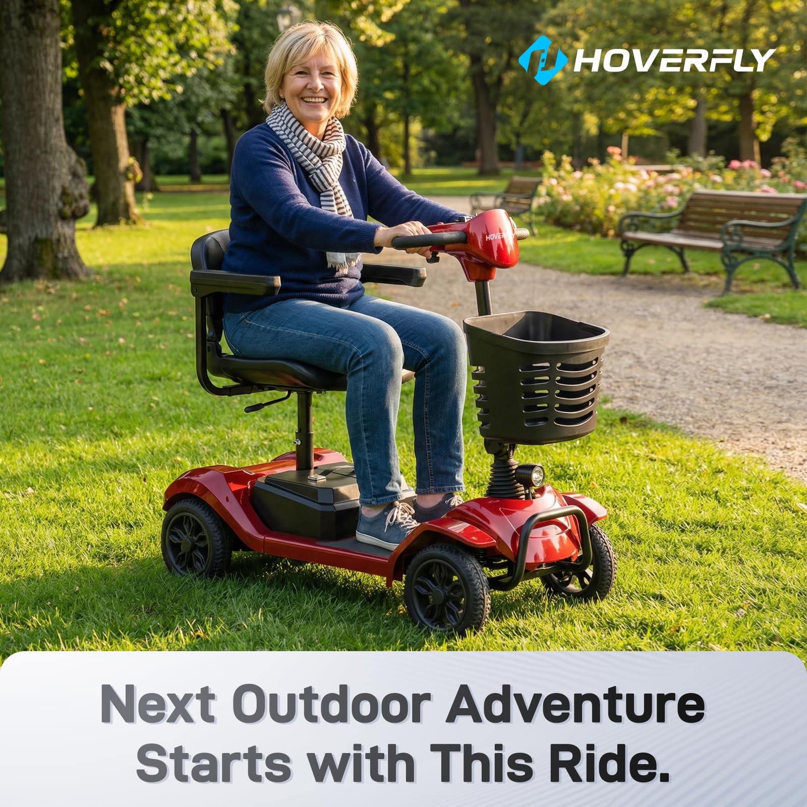 Hoverfly T4 Mobility Scooter for Seniors, Max 12.4-Mile Range & 3.7 mph, 3-Position Seat & Anti-slip Rear Wheel, Removed Battery&Quick Fold Design, Solid 9" Tire &330 lb Capacity, Ease of Assembly Red