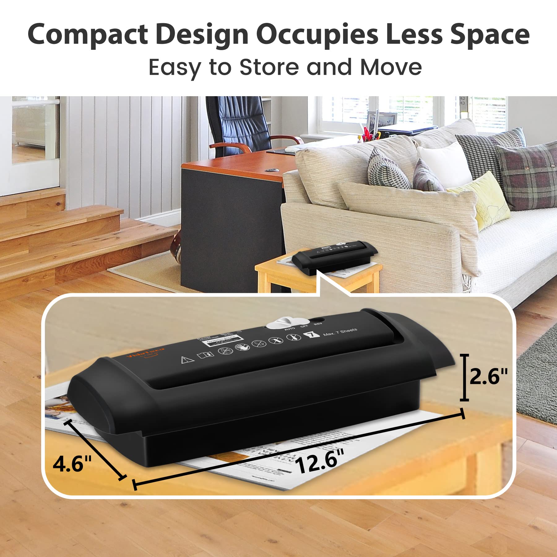 Mini Paper Shredder Without Basket,VidaTeco 7-Sheet Strip Cut Shredder for Home Use, Also Shreds Card/Staple,Small Portable with Extendable Arm,Durable&Fast with Jam Proof(ETL)