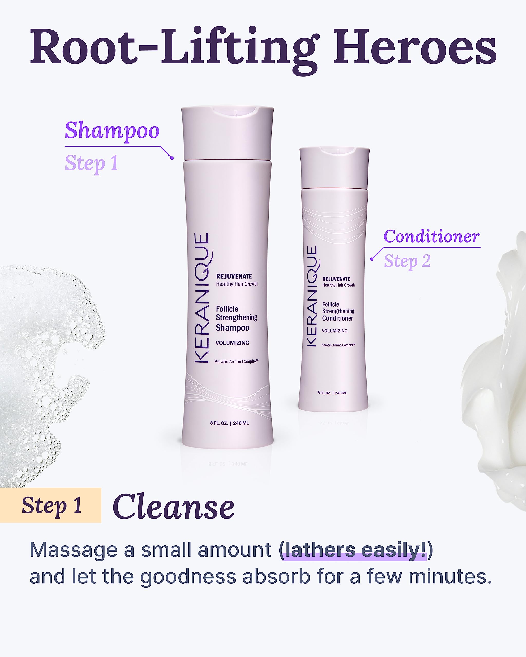 Keranique Volumizing Shampoo for Hair Repair, Growth & Thinning Hair Support – Keratin, Biotin, Menthol & Niacinamide, Anti-Breakage, Lightweight Strengthening Formula 8 Oz - Keratin Amino Complex™