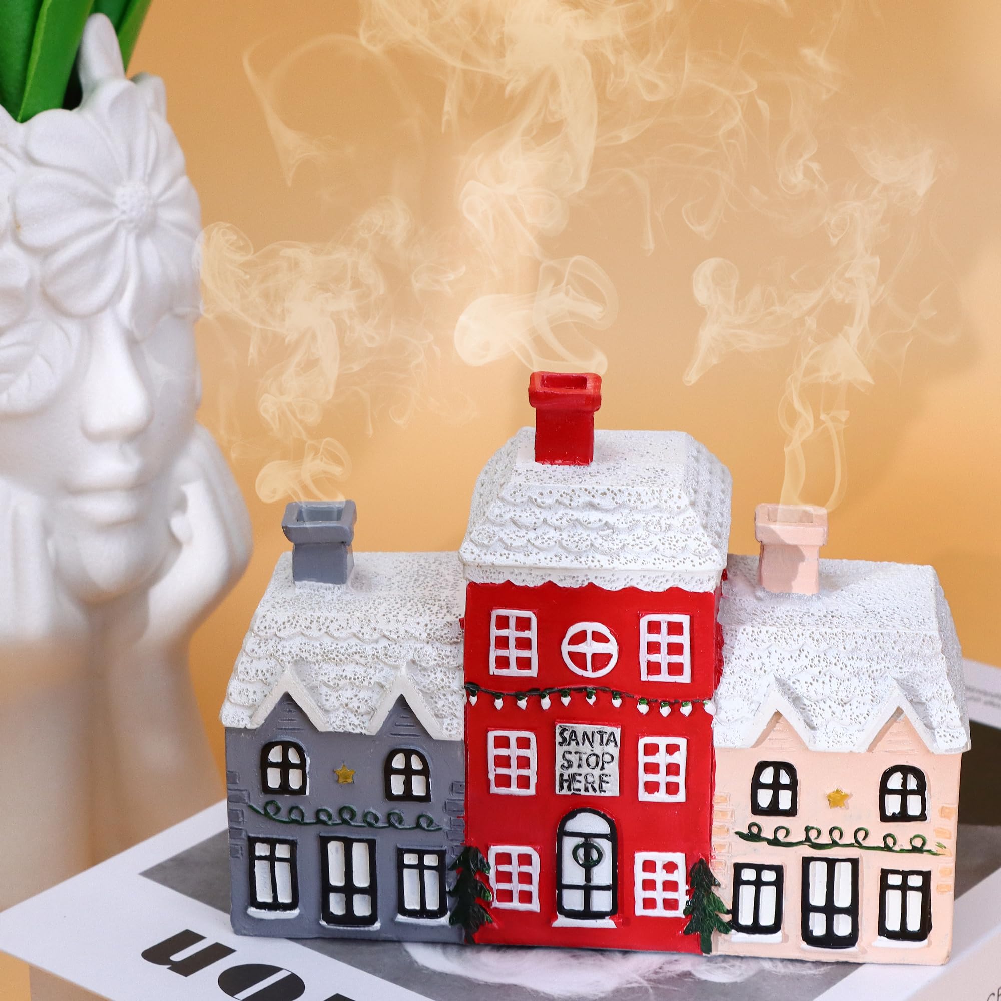 REAWOW Christmas Cabin Incense Burner Gingerbread House Incense Burner Village Incense Cone Holder Log Cabin Incense Burner for Holiday Decor Home Indoor Chimney