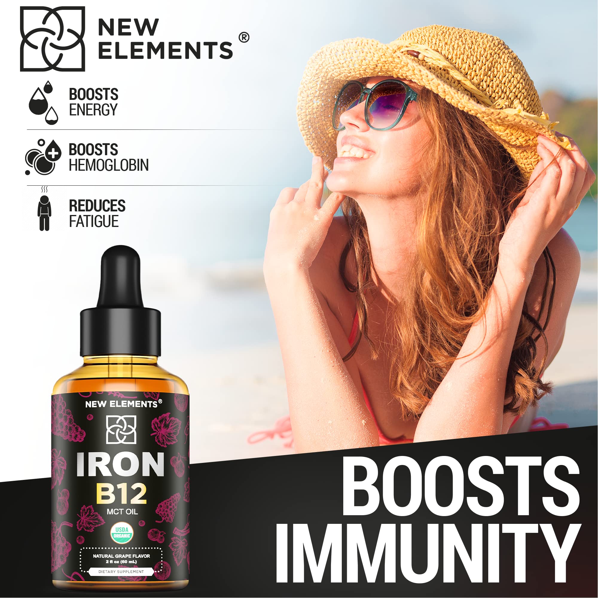 Liquid Iron Supplement for Women & Men with Vitamin B12 5000mcg - Free Blood Builder for Anemia - Liquid Vitamin B12 Drops for Adults with MCT Oil, Natural Grape Flavor, 2 Fl Oz