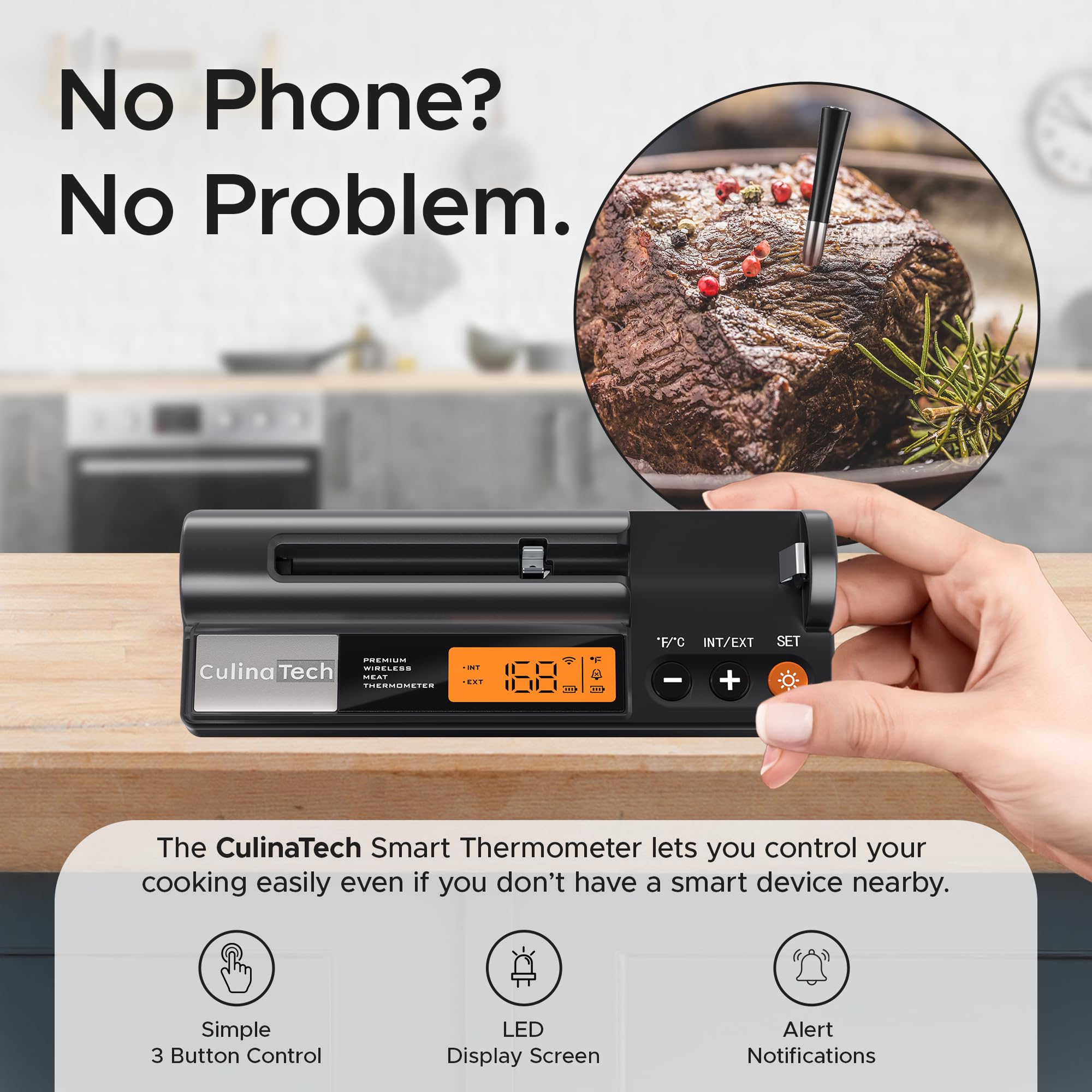 CulinaTech 750ft Wireless Meat Thermometer Long Range for Smoker, BBQ & Rotisserie, Smart Bluetooth Thermometer Dual Sensor Waterproof Probe with LCD Base Station Display & App Control