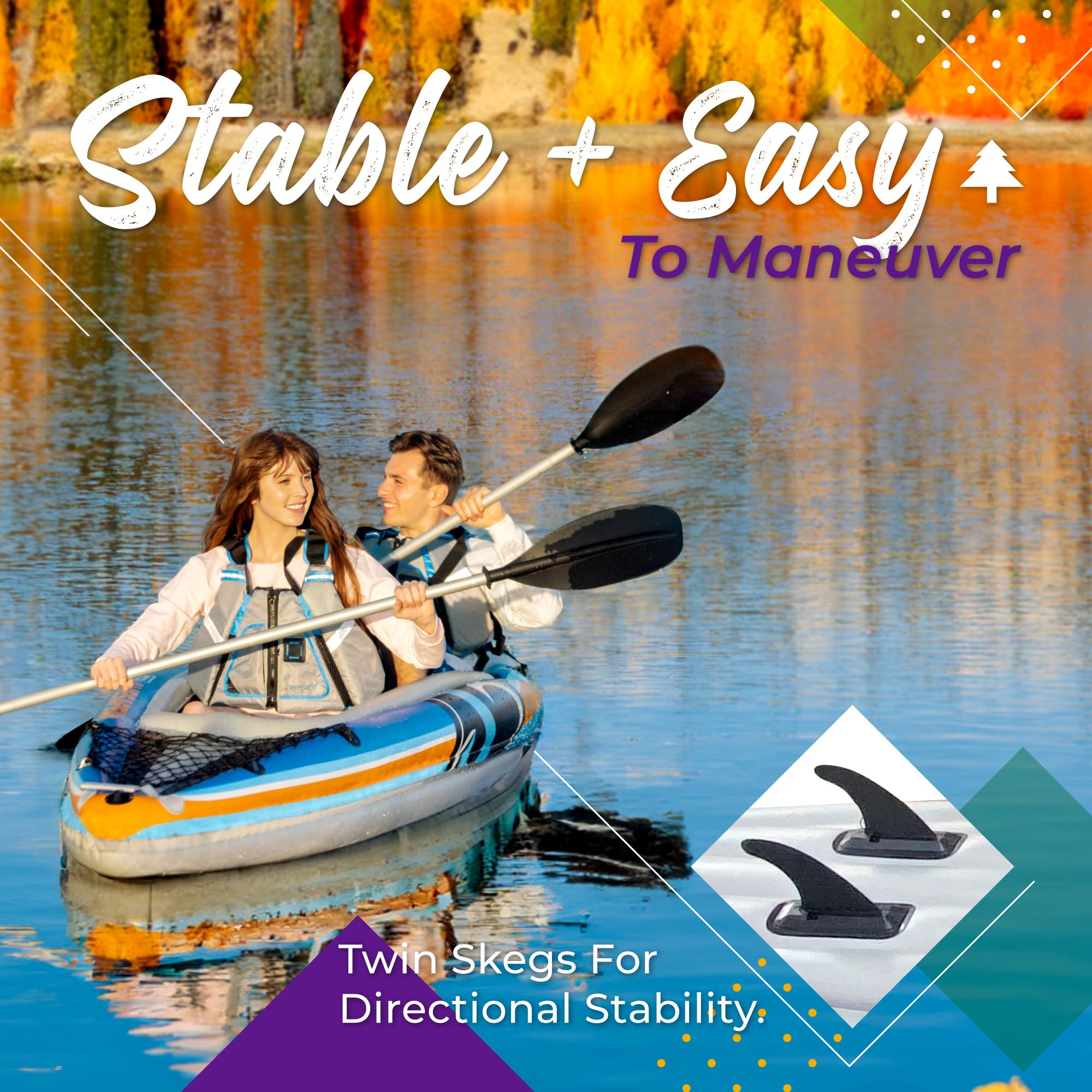 Sunlite Sports 2-Person Inflatable Kayak with Aluminum Oars (136" x 33"), High Output Air Pump and Storage Bag, Double Tandem Kayak for Adults, Two Person Canoe and Kayak, Good for Lakes and Rivers