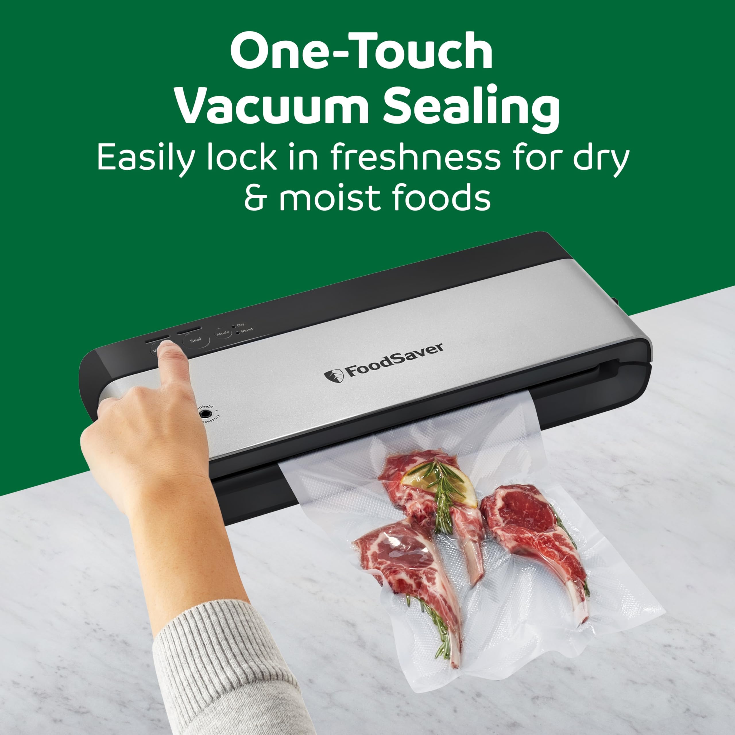 FoodSaver PowerVac Compact Vacuum Sealing Machine Stainless Steel & Black Vertical Storage VS0150 | Preserves freshness reduces bag waste for both dry and wet food
