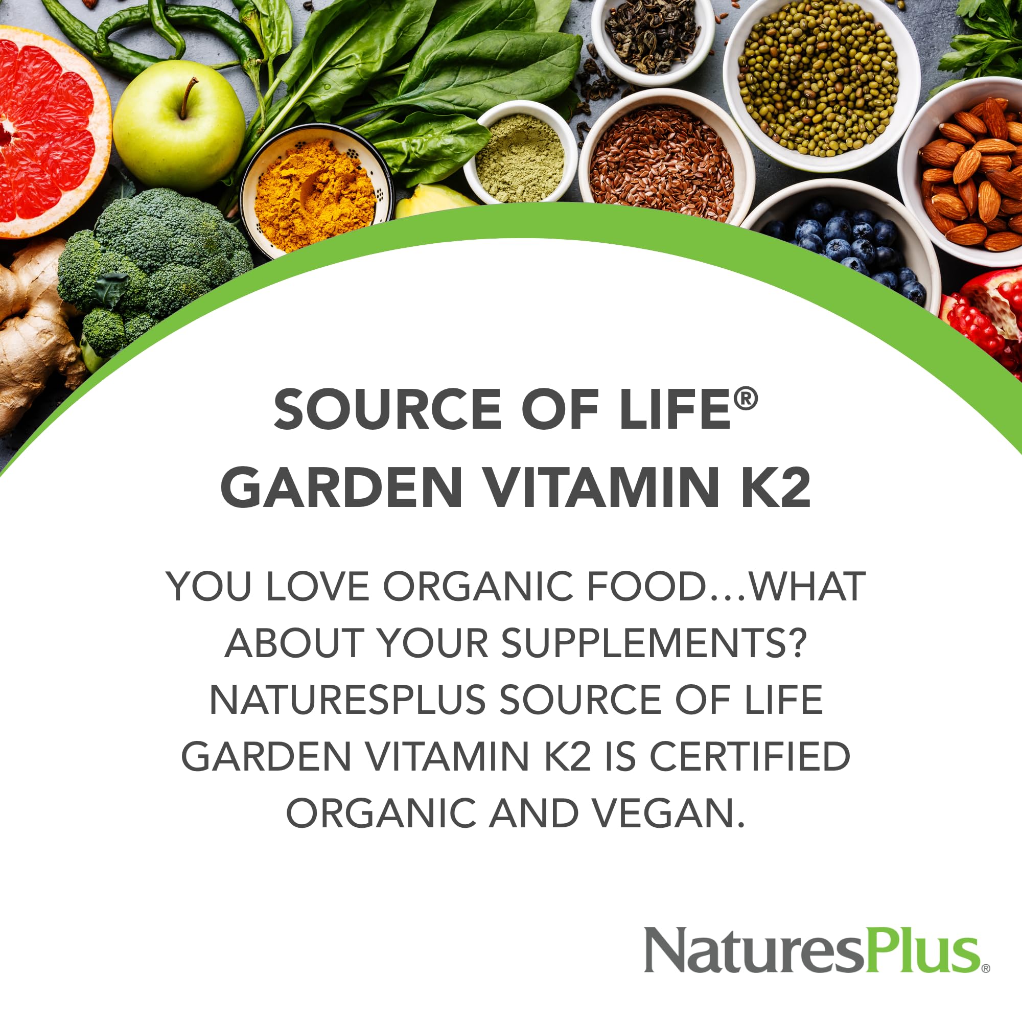 NaturesPlus Source of Life Garden Vitamin K2-60 Vegan Capsules, Pack of 2 - Bone Support - Certified Organic, Non-GMO, Gluten Free - 120 Total Servings