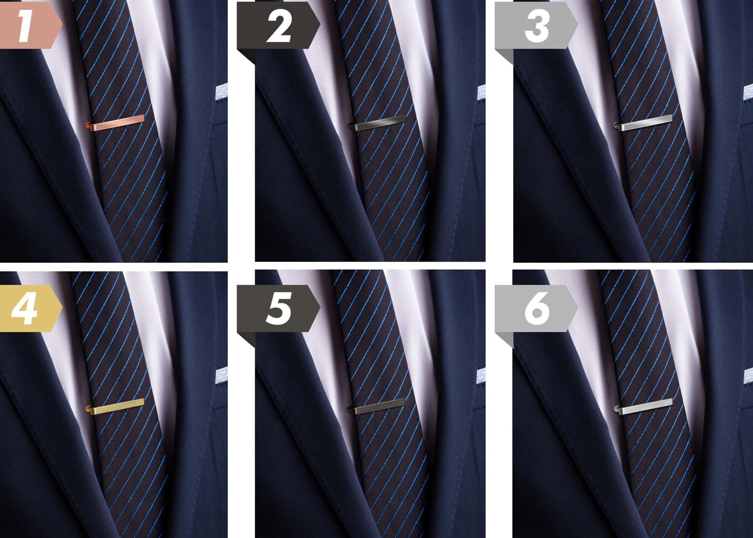 Tie Clips for Men, 6 PACK Tie Clip Set with Elegant Gift Box - Shiny & Matte Tie Clips Black, Silver, Gold Tie Bar Tie Pinch Tie Clasp. Nice Gift for Father, Husband, Boyfriend, Wedding (Classic 6PC)