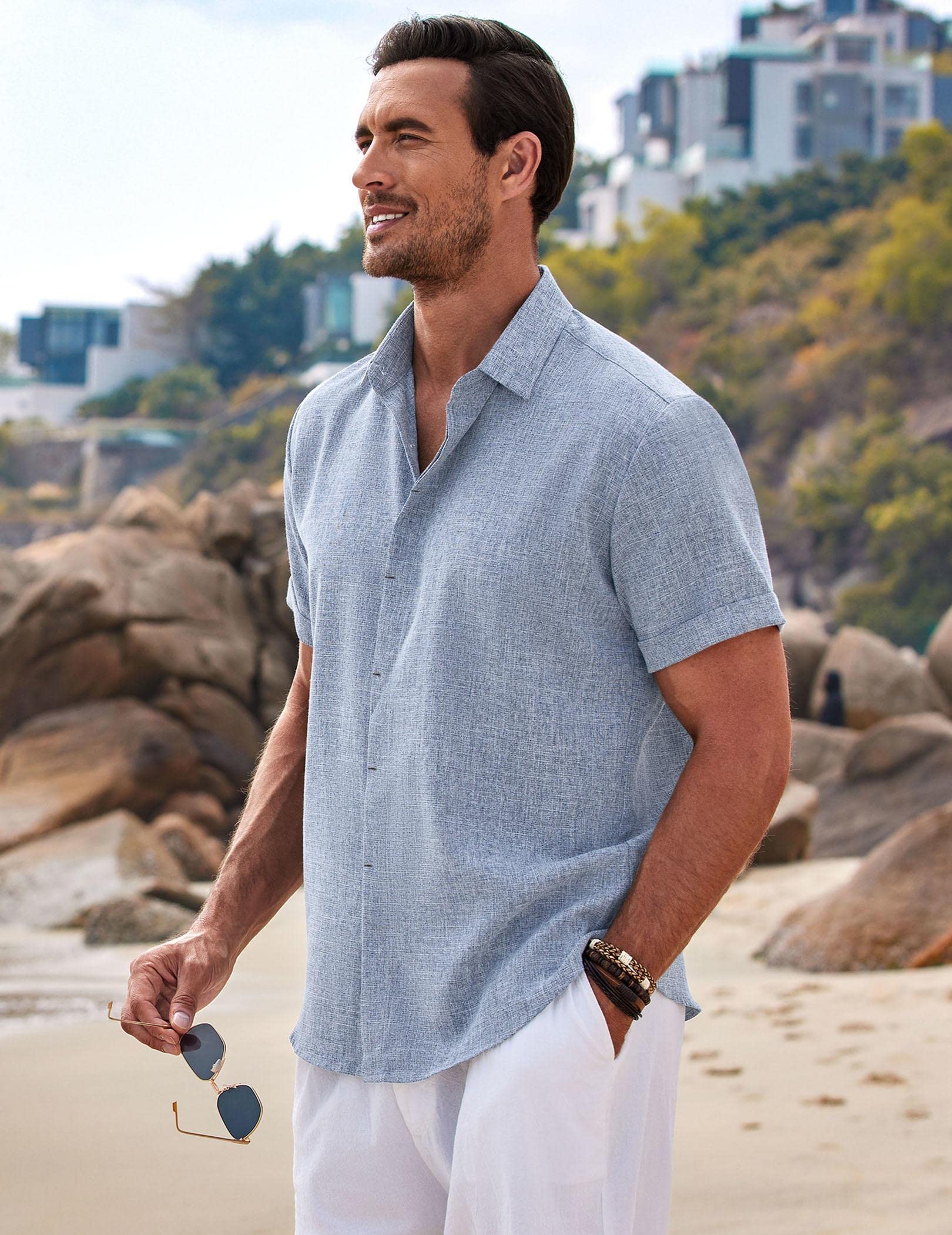 COOFANDY Men's Linen Shirt Casual Shirts Short Sleeve Shirts Button Down Linen Beach Shirts for Men Summer Outfit