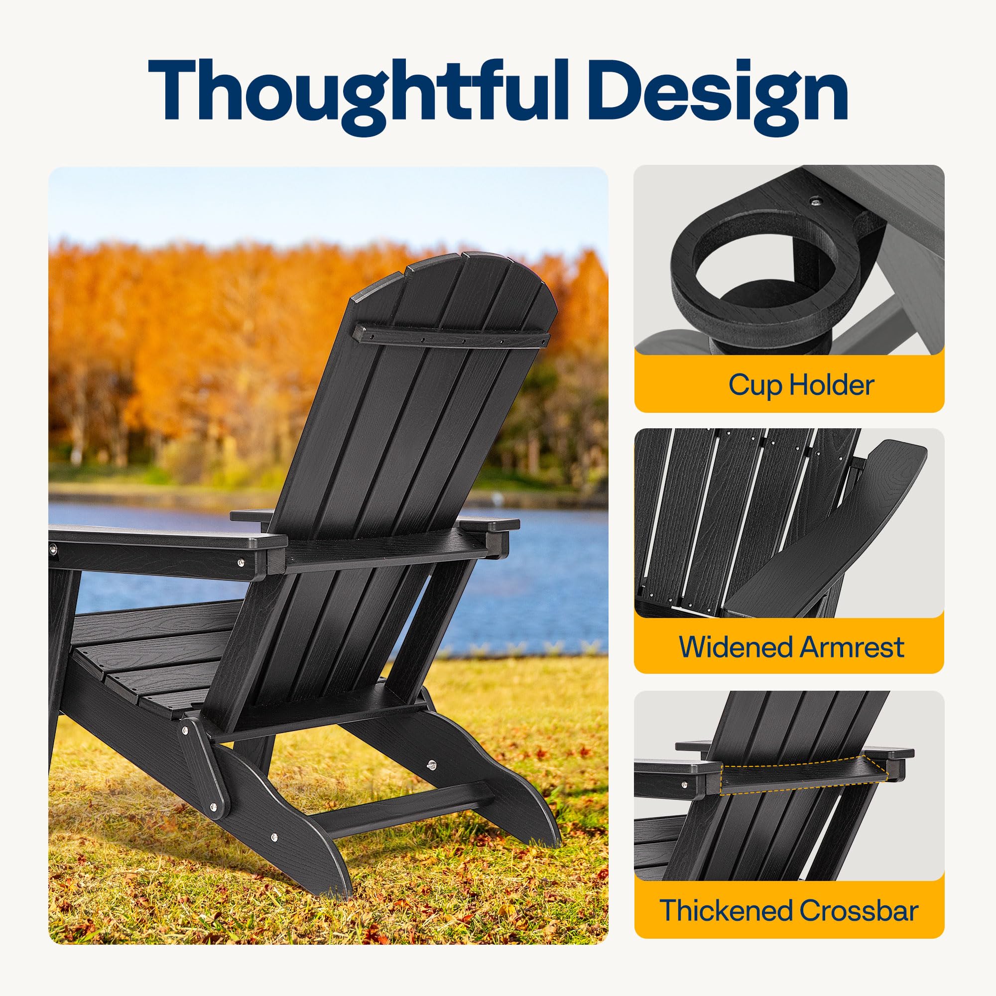 VIVOHOME HDPE Adirondack Chair, Foldable Fire Pit Chair with 3 Adjustable Angles, Cup Holder and Weather-Resistant Wood-Grain Look, Ideal for Patio, Garden, Deck