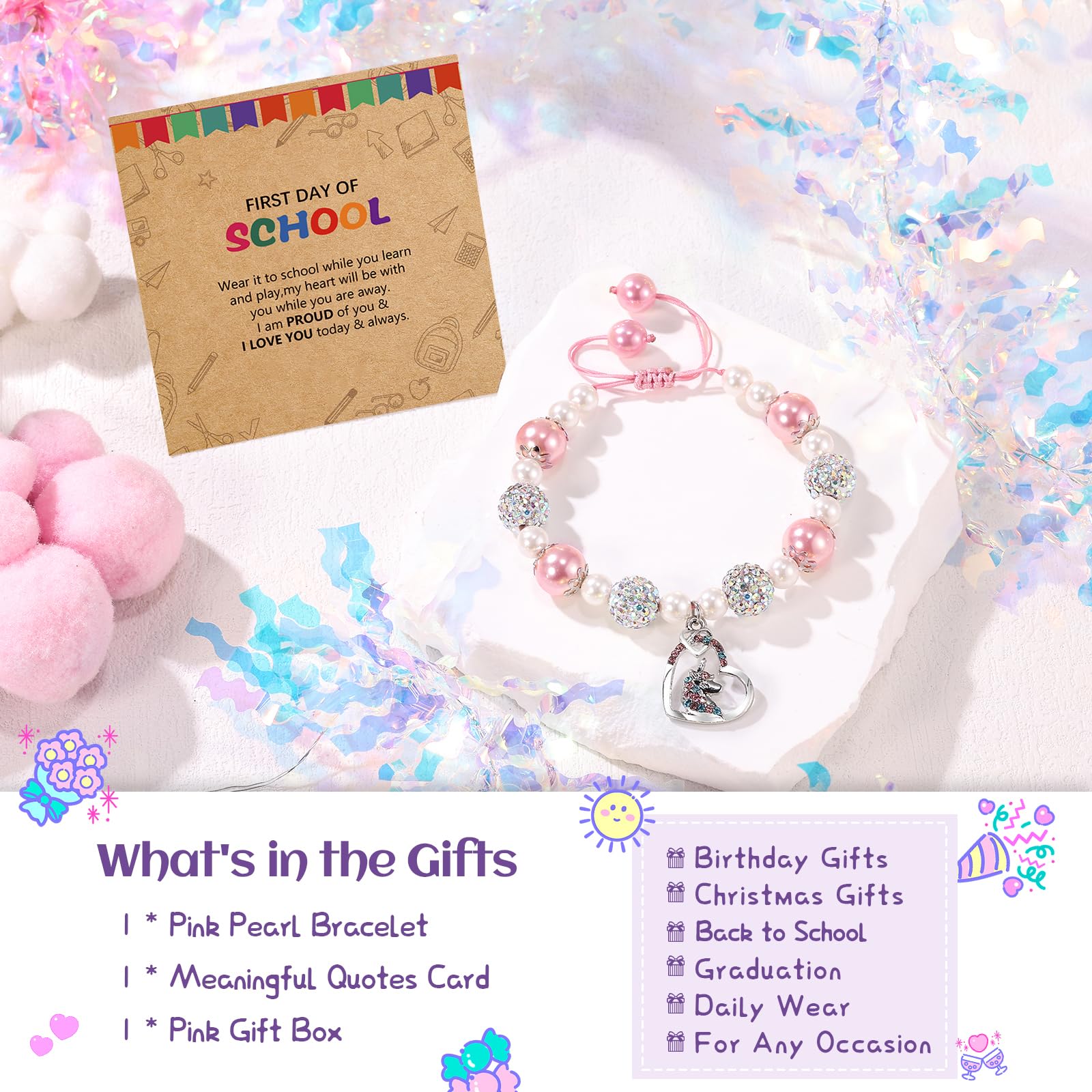 Alissl Unicorn Bracelet for Girls, Back to School Adjustable Pink Pearl and Rhinestone Balls Gifts for Girls Daughter Granddaughter Niece