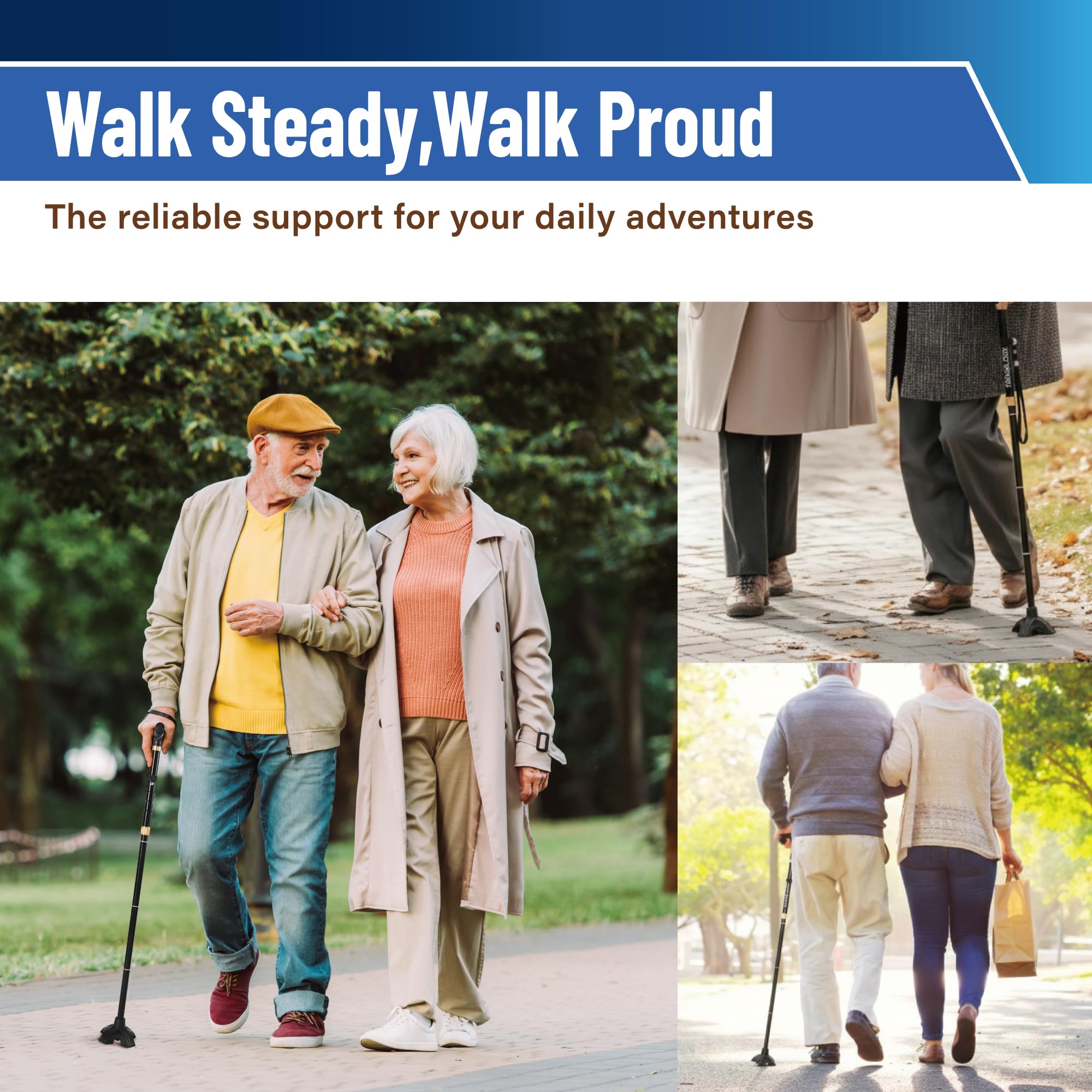 Trekology Foldable Walking Cane for Seniors - Folding Walking Stick for Men and Women with Quad Self-Standing Base for Stability & Balance - Adjustable, Lightweight with Locking Design - Travel Ready