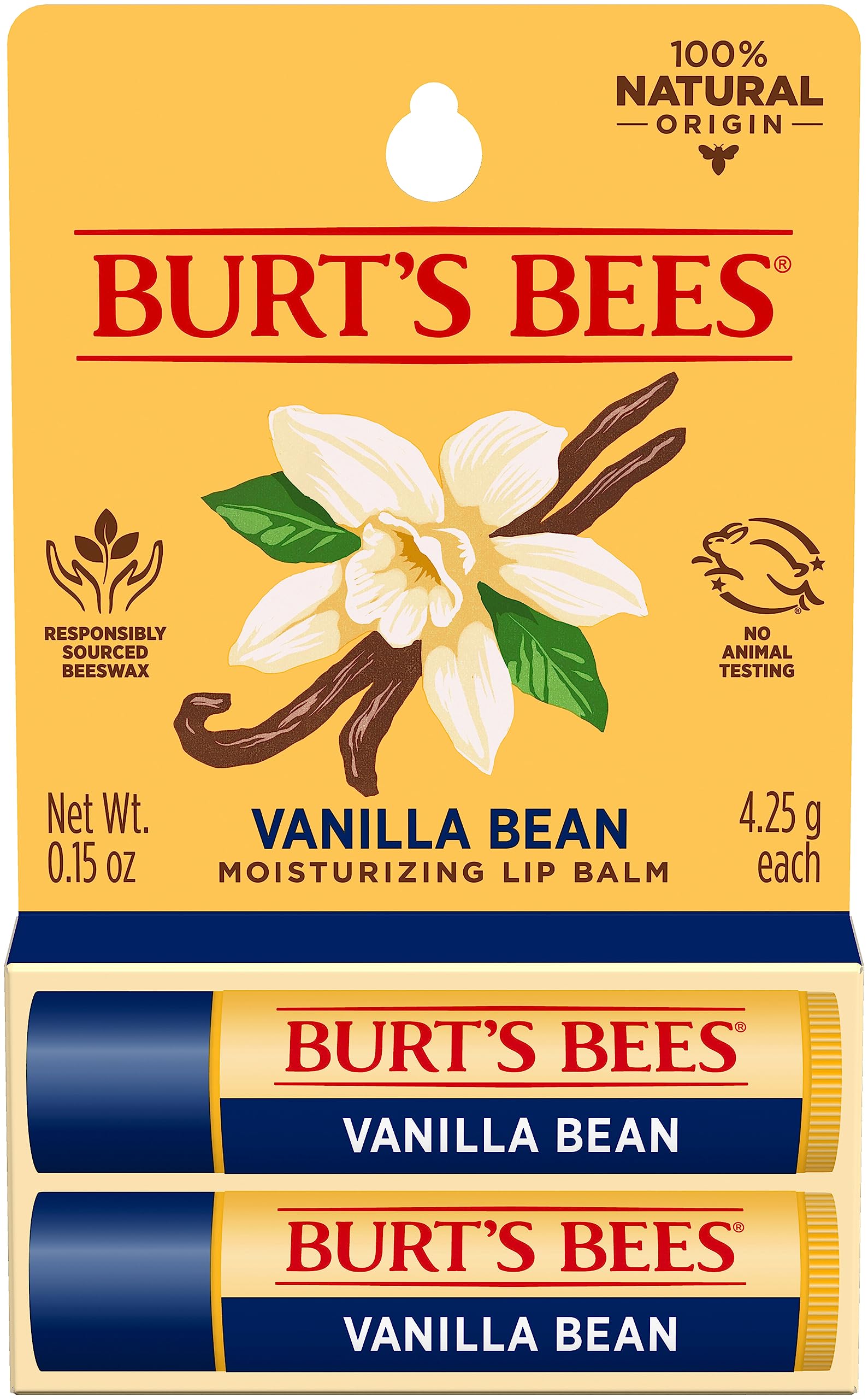 Burt's Bees Lip Balm Stocking Stuffers, Moisturizing Lip Care Christmas Gifts, Vanilla Bean, Lip Moisturizer With Responsibly Sourced Beeswax, Tint-Free, Natural Origin Treatment (2-Pack)