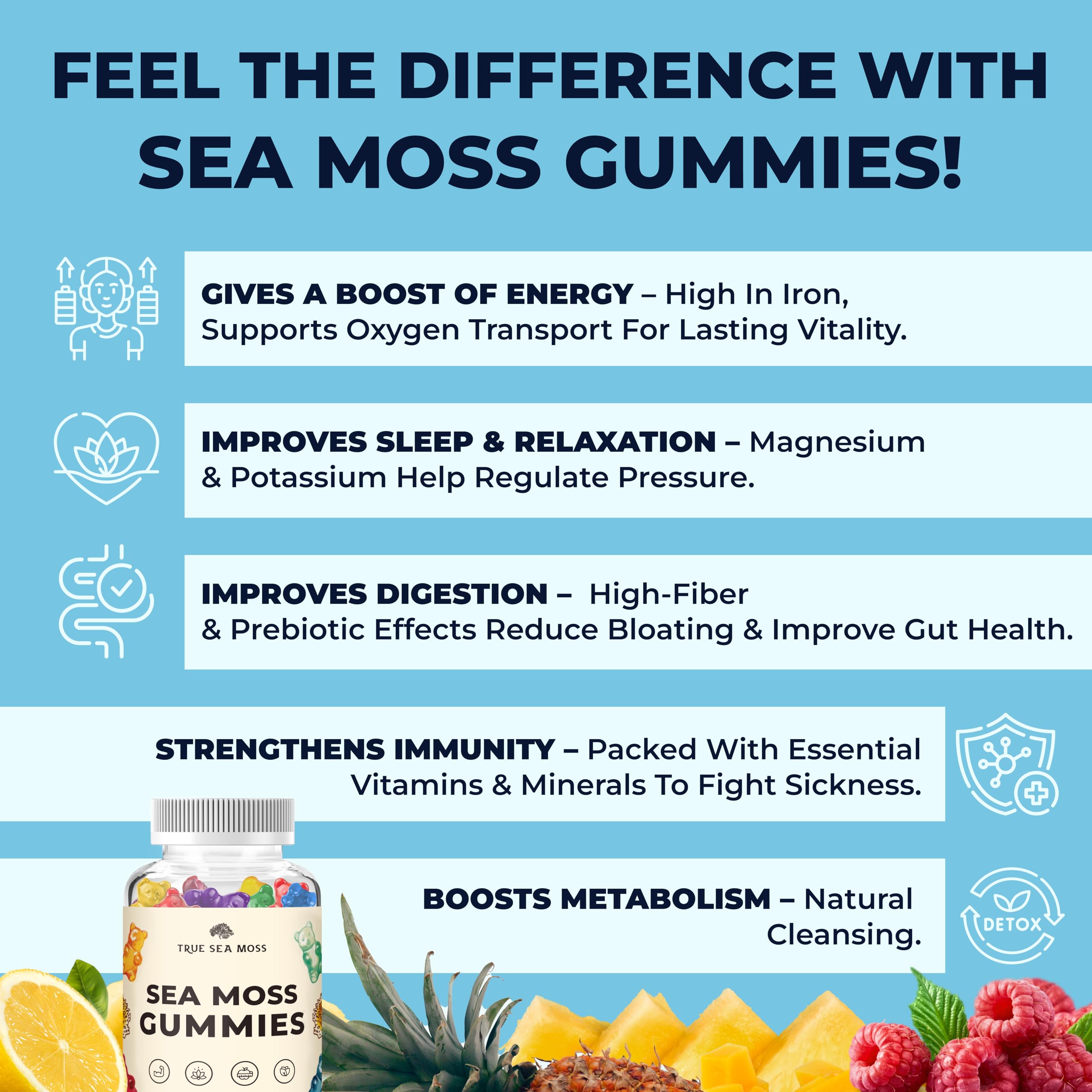 TrueSeaMoss Irish Sea Moss Gummies with Burdock Root & Bladderwrack - Vegan Seamoss Supplement for Women, Men & Kids, Non-GMO, 60 Sea Moss Gummies