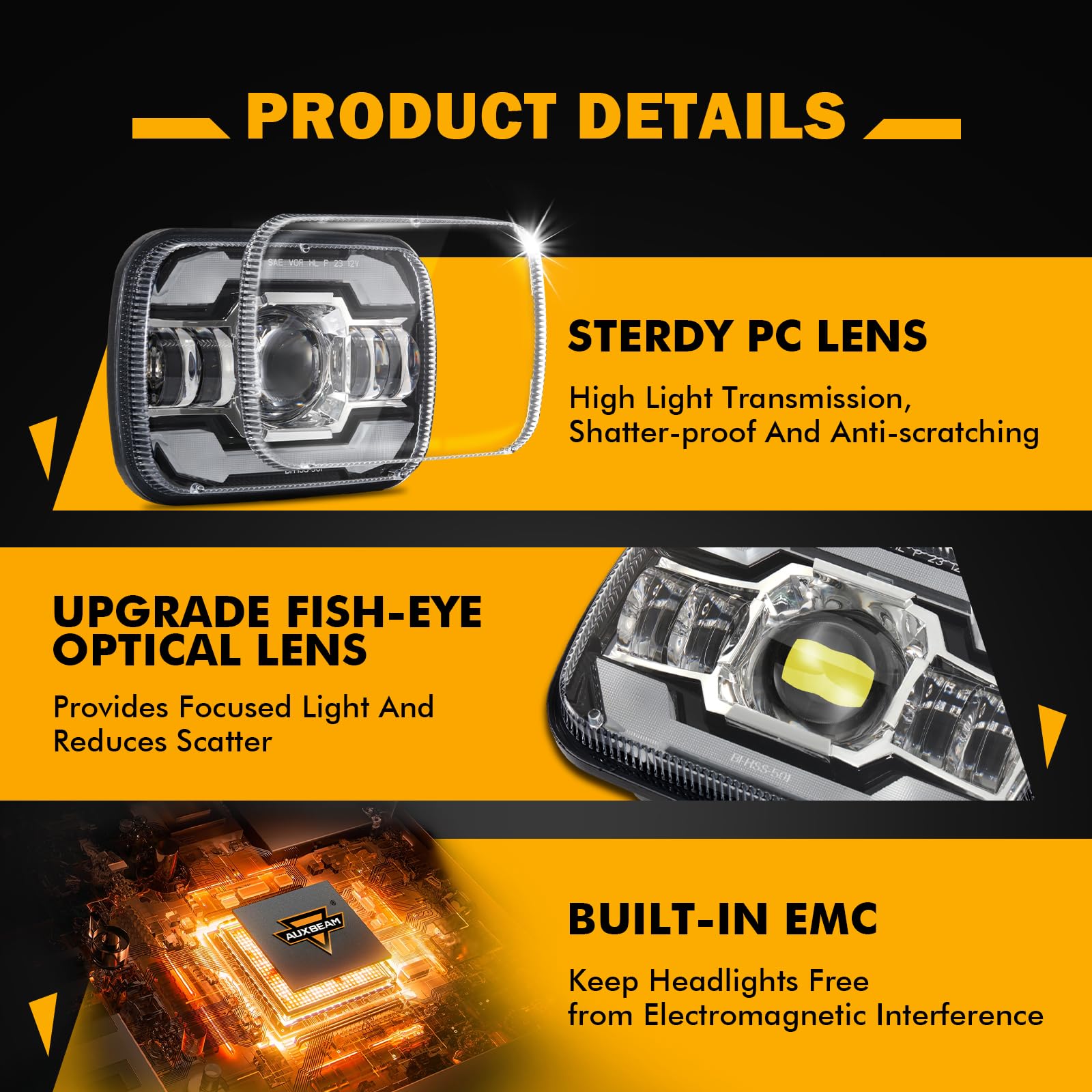 Auxbeam 5x7 7x6 LED Headlights with DRL & Turn Signal High/Low Beam H6054 Led Rectangular Headlight for Jeep Wrangler YJ Cherokee XJ H6054 H5054 H6054LL 69822 6052 6053