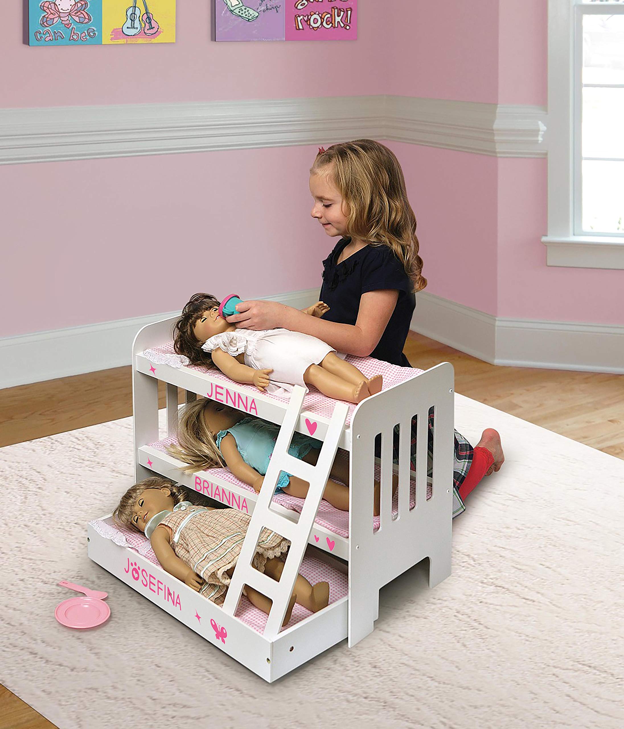 Badger Basket Wooden Trundle Doll Bunk Bed with Ladder, Bedding, and Personalization Kit - Fits 18-22 Inch Dolls, White/Pink for Pretend Play