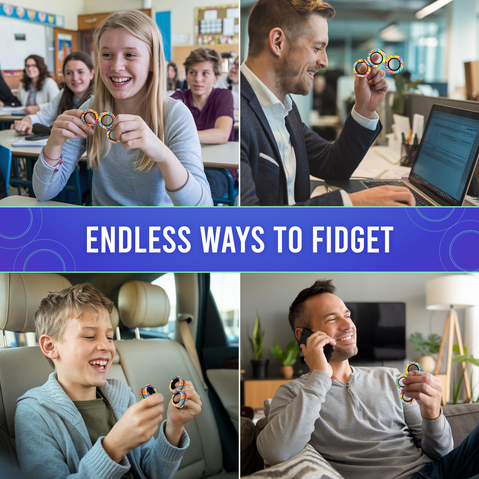 BunMo Bundle Infinity Cube x Magnetic - Large Eco Beechwood Fidget Cube & Multicolored Fidget Rings - Fidget Toys Adults - Stimulating Fidgets for Adults - Magnetic Fidget Rings