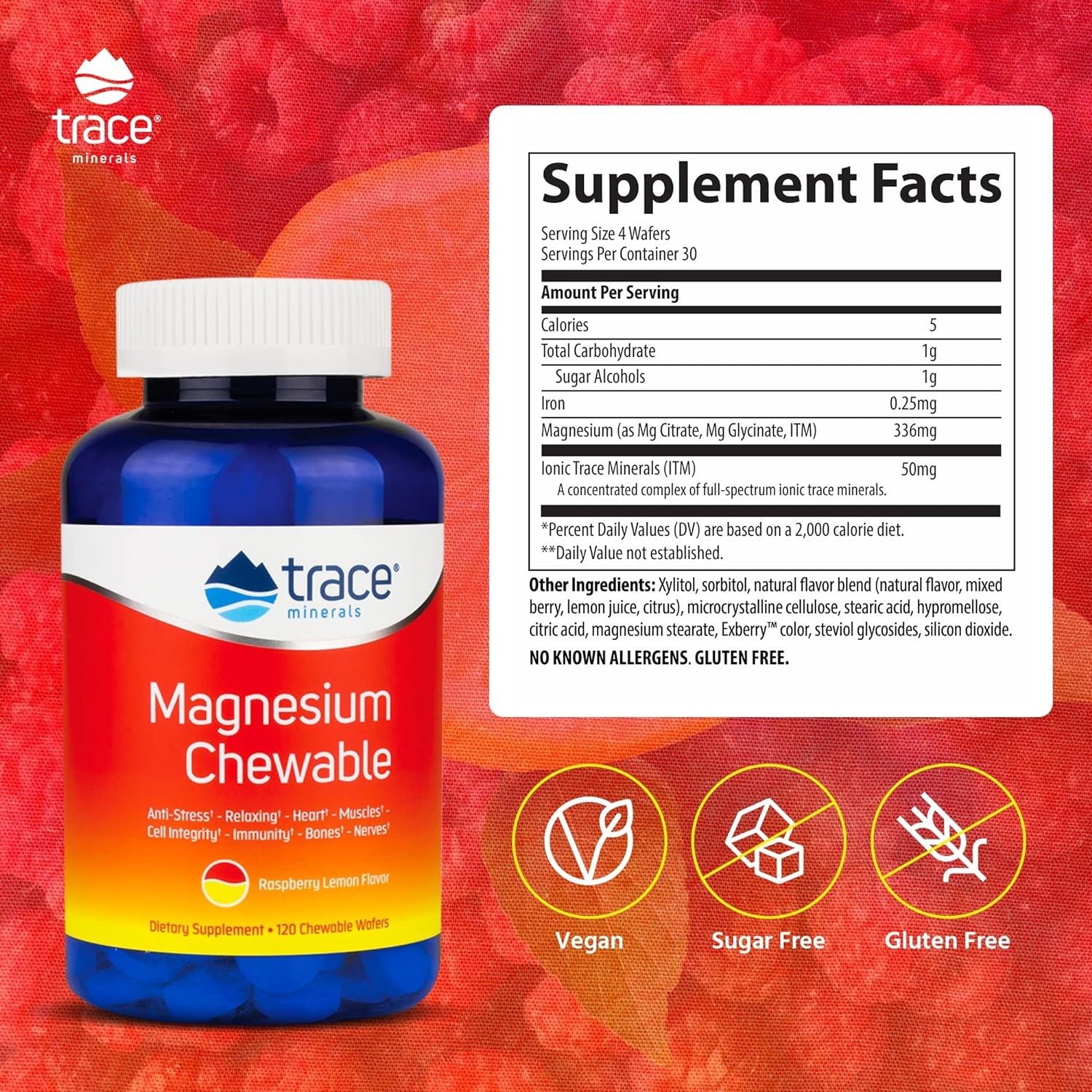 Trace Minerals | Magnesium Chewable Supplement for Adults and Kids | from Magnesium Glycinate and Citrate | Sugar Free | Raspberry Lemon | 120 ct, 30 Servings