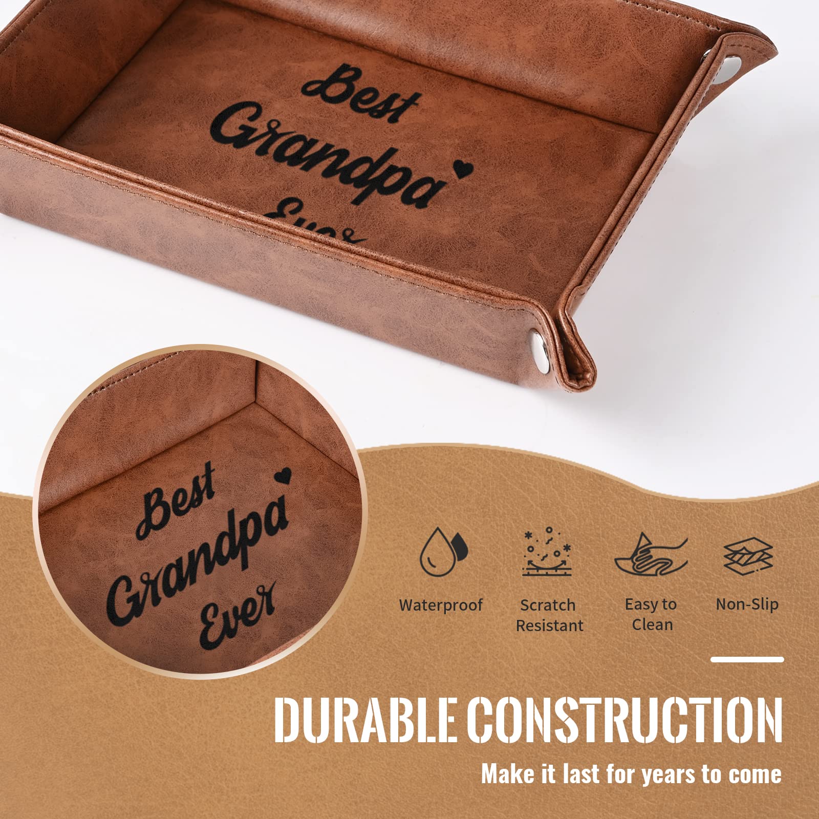Best Grandpa Ever Gifts for Grandpa from Grandchildren Kids, Birthday Gifts for Grandfather, Leather Valet Tray and Keychain
