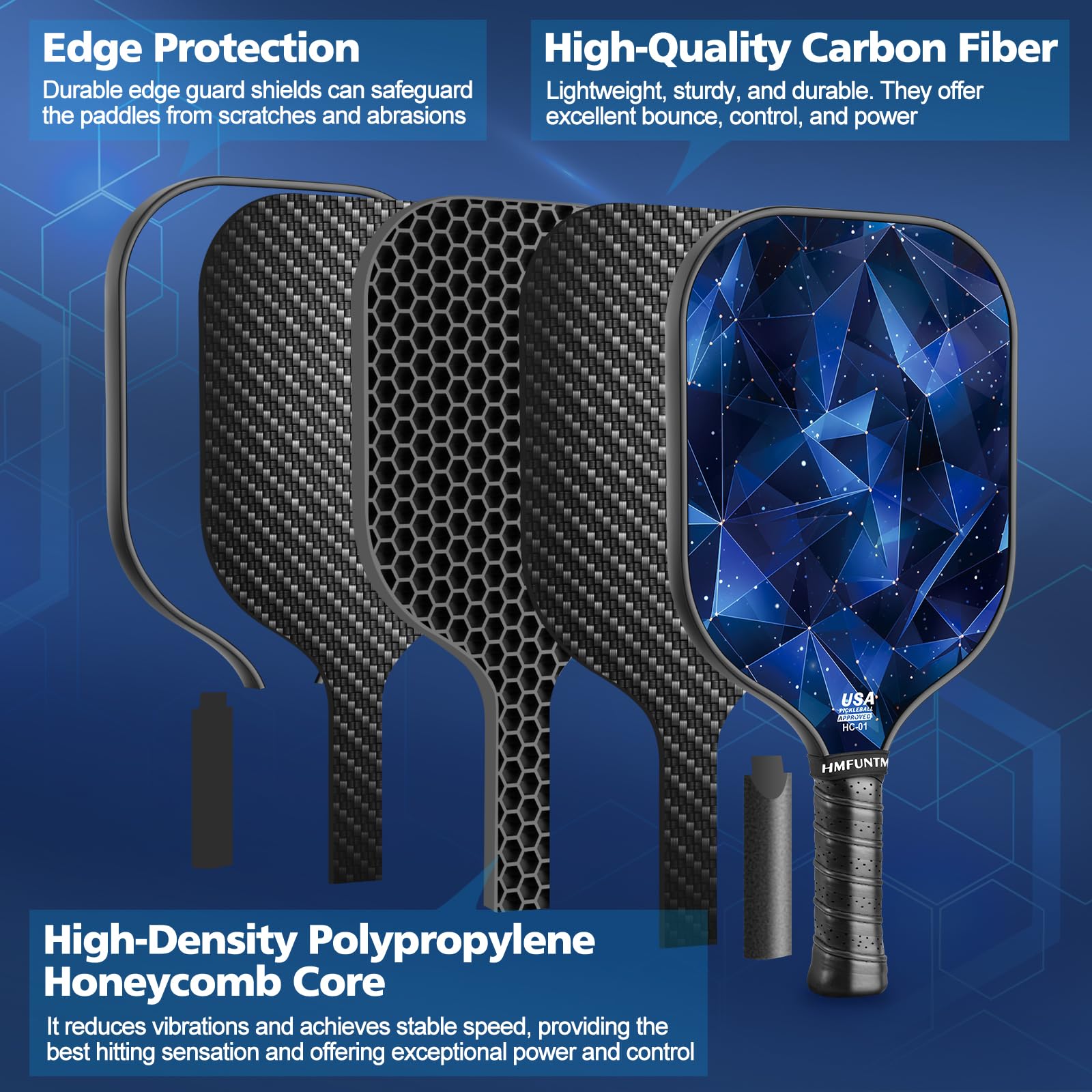 HMFUNTM Pro Carbon Fiber Pickleball Paddle, Professional Pickleball Paddles with Grit Texture for Increased Spin, Power, Control, Lightweight Pickleball Racket with Paddle Cover, USAPA Standard, Blue