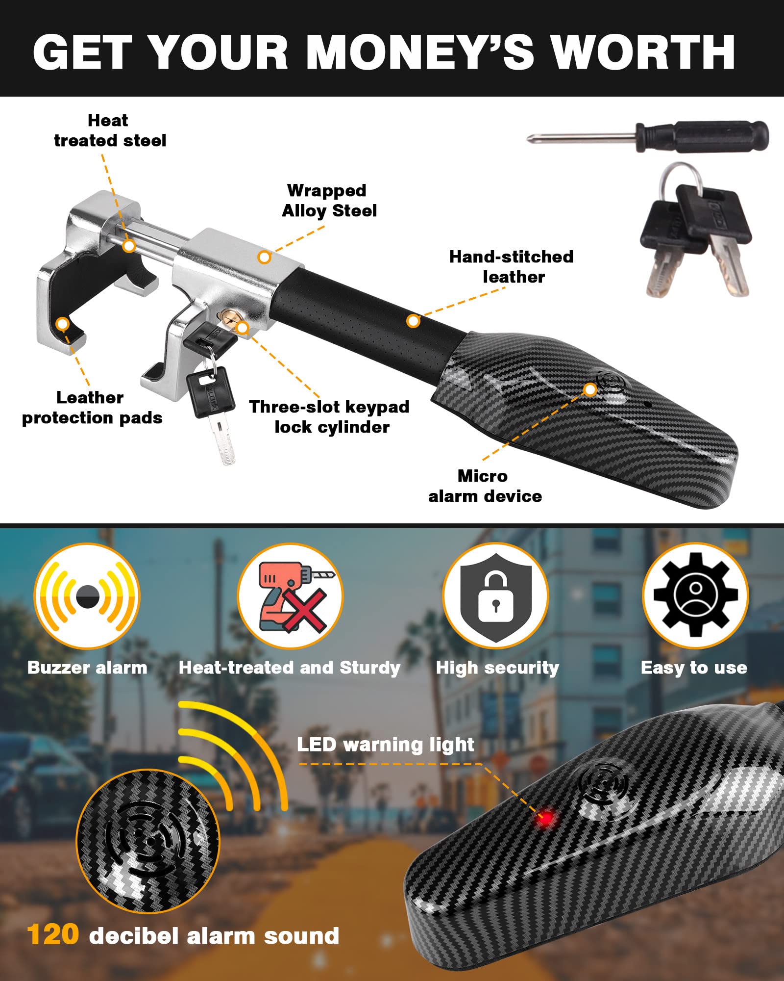 Tevlaphee Steering Wheel Lock with Alarm,Heavy Duty Anti-Theft Car Device Car Lock Car Theft Prevention Universal Fit for Vehicle Truck Van SUV Car Security with 2 Keys