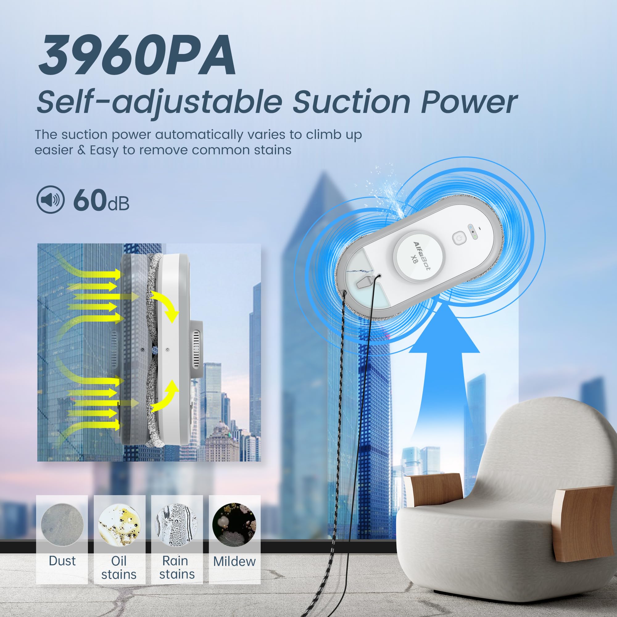 AlfaBot Window Cleaning Robot with Dual Water Spray, X8 Robot Window Cleaner with Double-Side Water Spray and Voice Assitant, Smart Window Vacuum for Interior/Exterior Highrise Windows