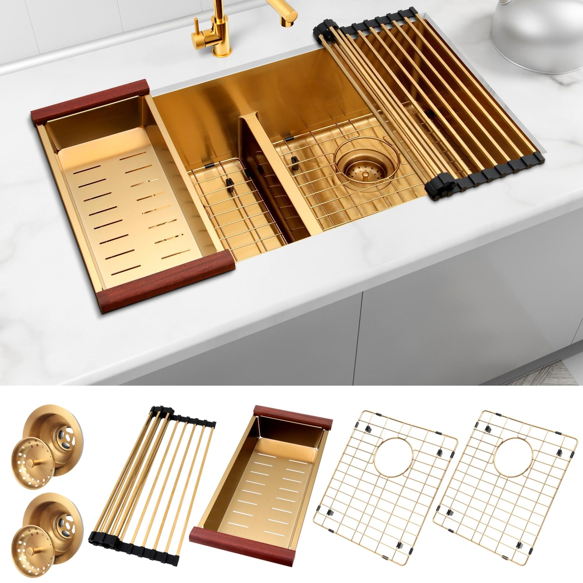 Zeesink Gold Undermount Kitchen Sink 32 X 18 inch,Double Bowl Kitchen Sinks,16 Gauge Stainless Steel Undermount Sink,Special Low-Divide Design