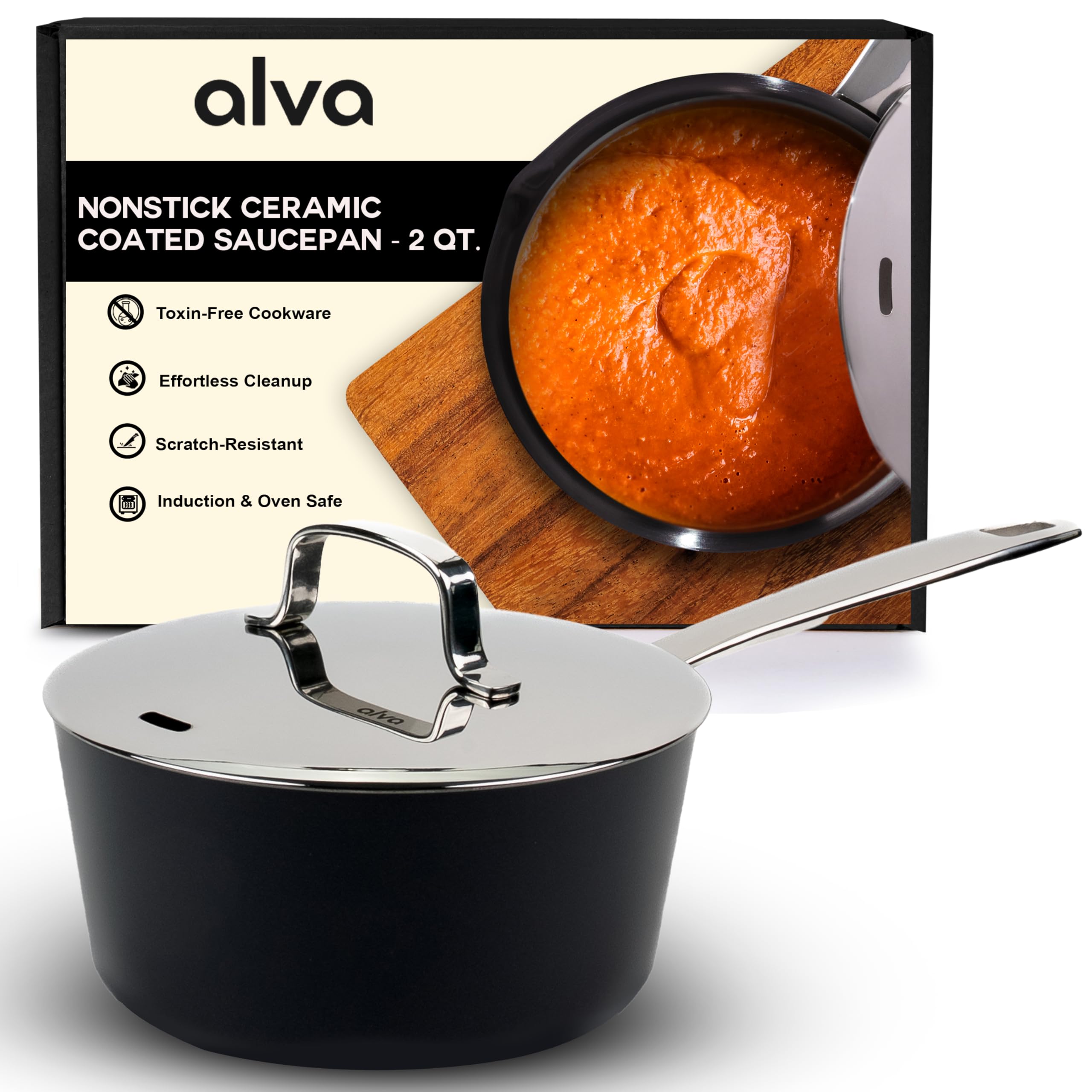 Alva Maestro 2QT Ceramic Nonstick Saucepan with Lid – Non-Toxic Easy to Clean Pot, Oven Safe, and Induction Ready – Belgian-Designed for Effortless, Healthy Everyday Cooking