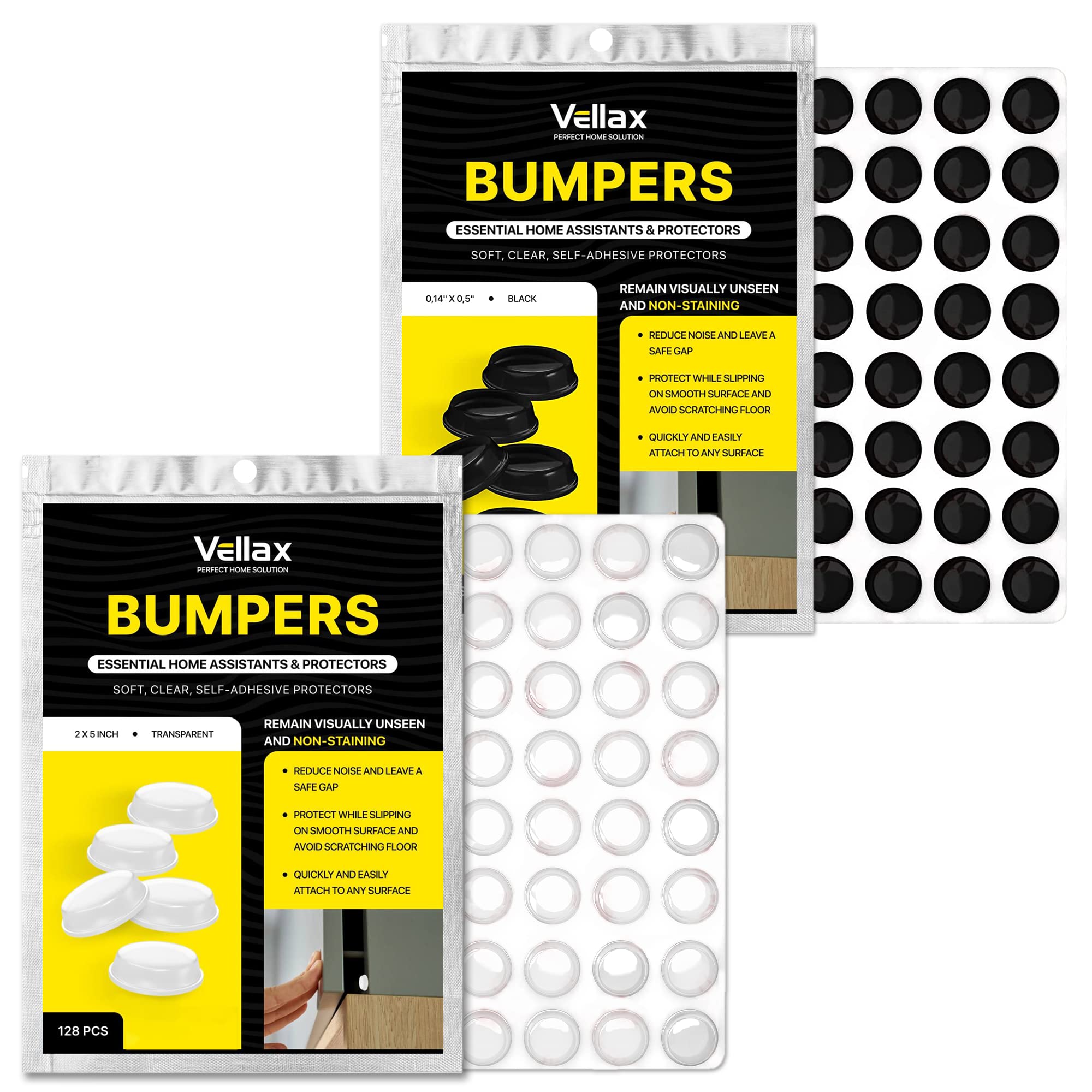 Vellax Clear Cabinet Door Bumpers 128 Pcs & Black Cabinet Door Bumpers 128 Pcs - 0,5" Diameter x 0,14’’