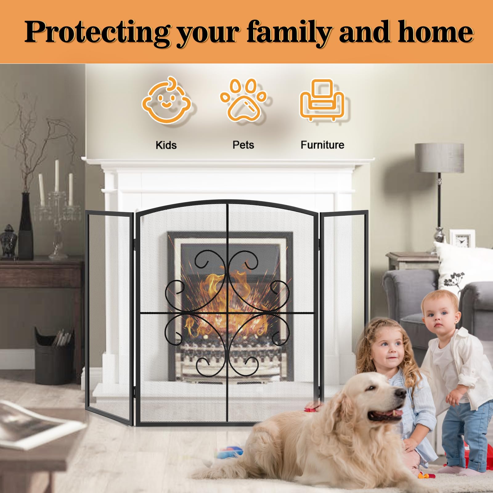 Gtongoko 3 Panel Fireplace Screen 48" W x 29" H Wrought Iron Decorative Fire Spark Guard Grate for Living Room Home Decor - Black