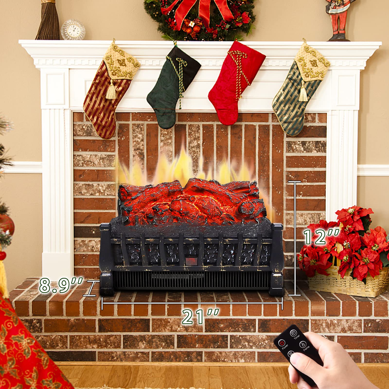 Waleaf Electric Fireplace Logs Set Heater 23", 1500W Freestanding Fireplace Insert with 5 Flame Brightness&Speed Realistic Ember Bed, 8H Timer