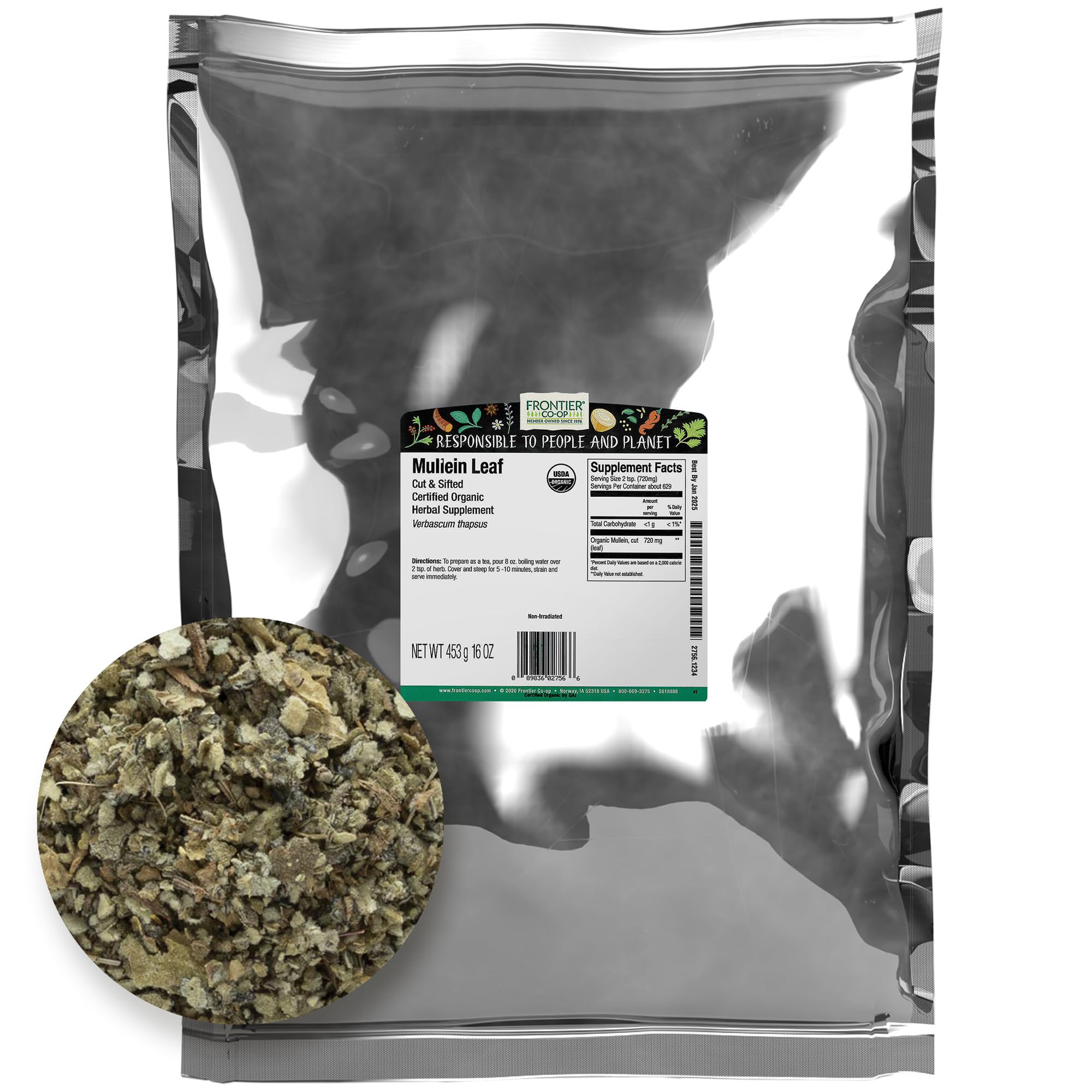Frontier Co-op Organic Mullein Leaf, 1lb Bulk Bag, Cut & Sifted, Dried Mullein Leaves, Ideal for Mullein Tea, Mullein Leaf Extract & Capsules