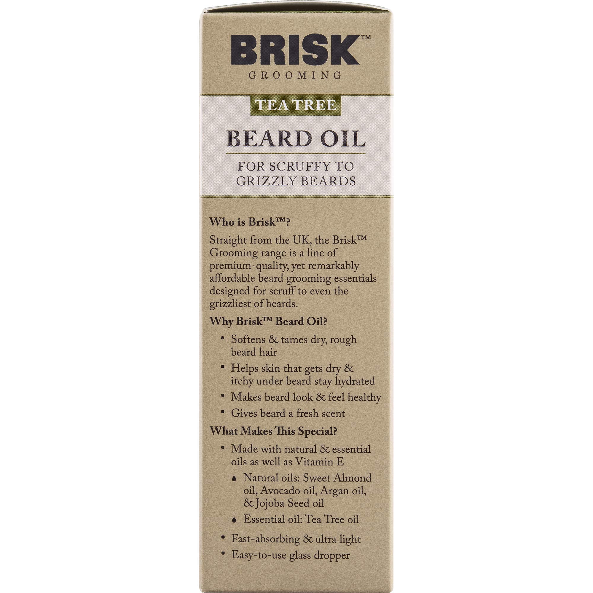Brisk Grooming Tea Tree Beard Oil, Fast-absorbing Blend of Natural & Essential Oils Softens & Tames for a Beard that Looks & Feels Healthy not Greasy, 1.7 Ounce Bottle w/Dropper
