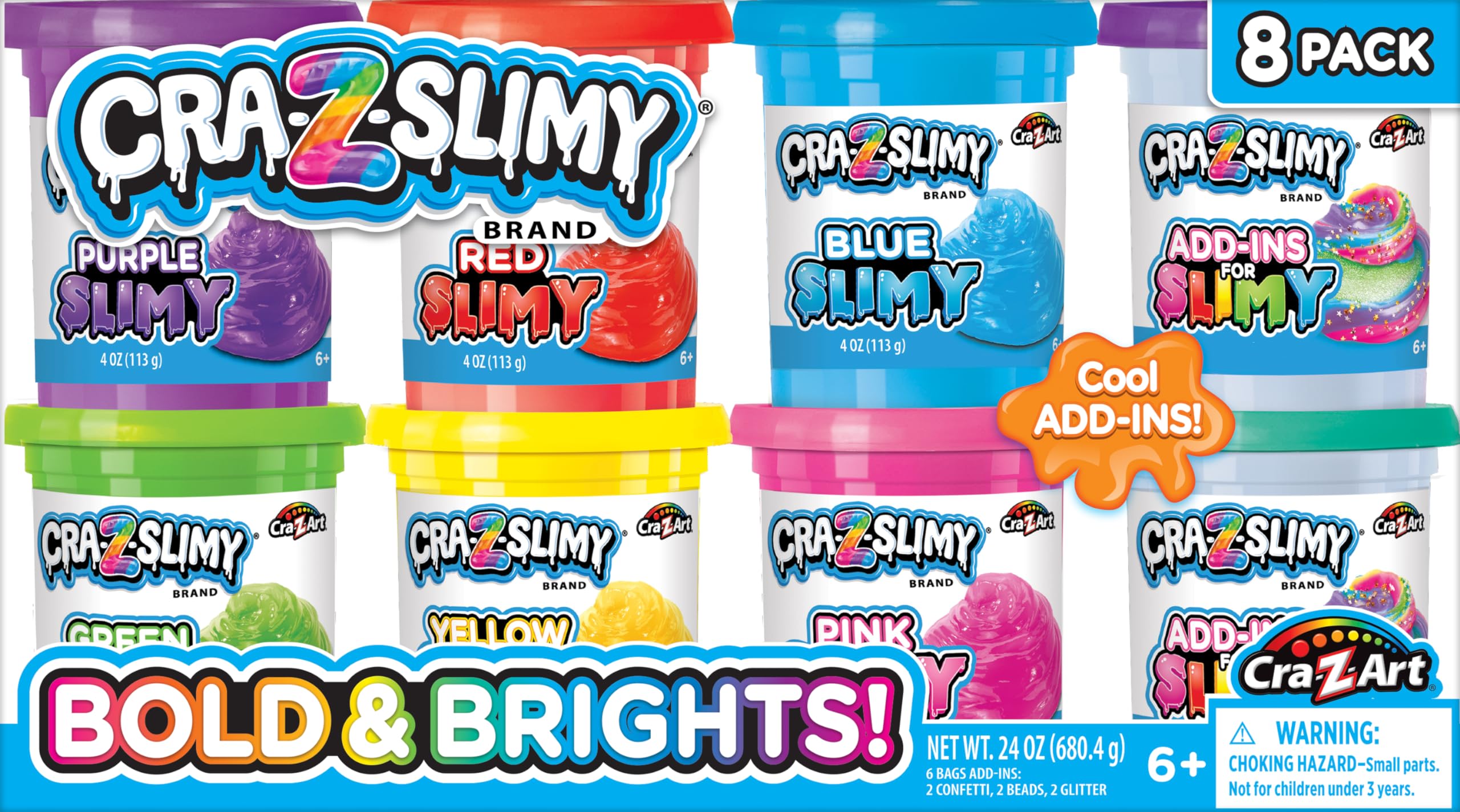 CRA-Z-Slimy Bold & Brite 8 Count, Stretchy & Colorful Premade Slime Collection, Ages 6 and Up
