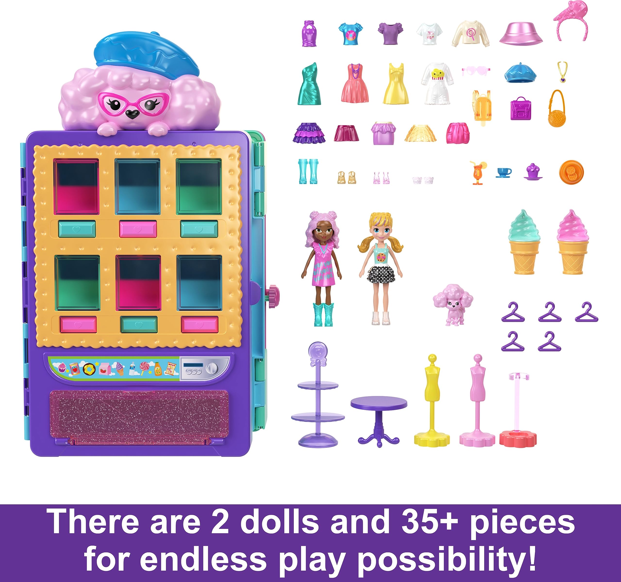 Polly Pocket Toy Vending Machine Playset, Candy Style Fashion Drop with 2 Dolls (3-inch), 1 Pet & 35+ Accessories