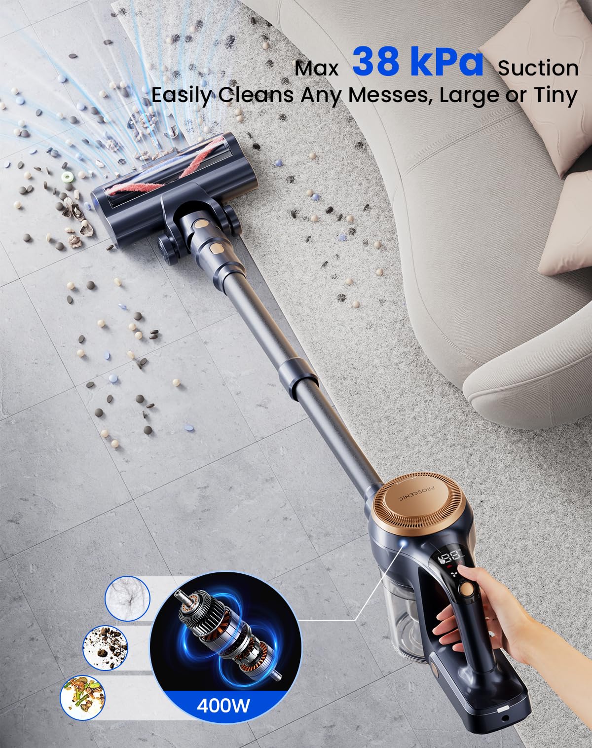 Proscenic Cordless Vacuum Cleaner, P11 Lite 38kPa Powerful Vacuum Cleaners for Home with LED Display, Up to 40 Mins Runtime Stick Vacuum, Anti-Tangle Brush, Lightweight Vacuum for Carpet, Hard Floor