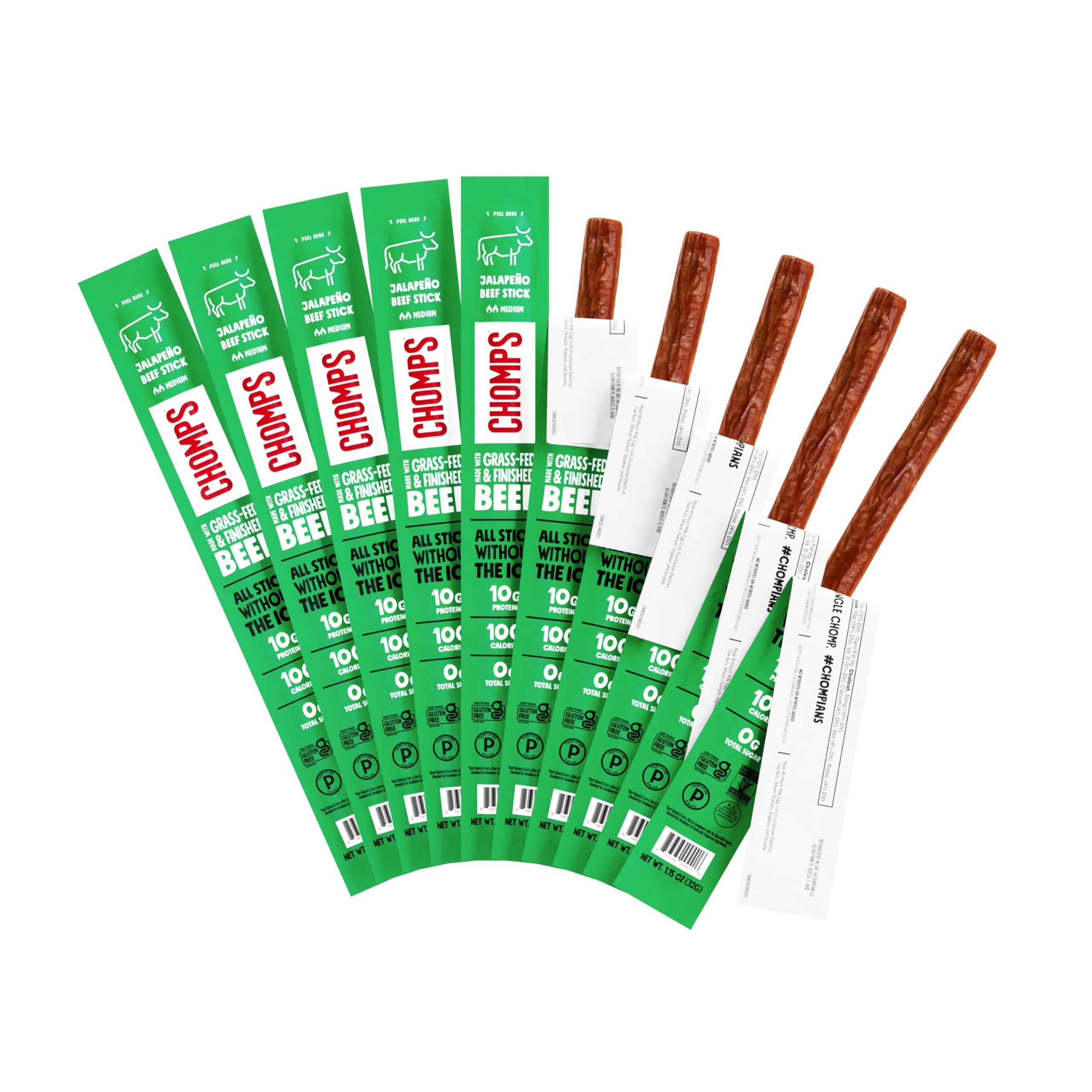 Chomps Grass-Fed and Finished Jalapeño Beef Jerky Snack Sticks 10-Pack - Keto, Paleo, Whole30, 10g Lean Meat Protein, Gluten-Free, Zero Sugar Food, Non-GMO