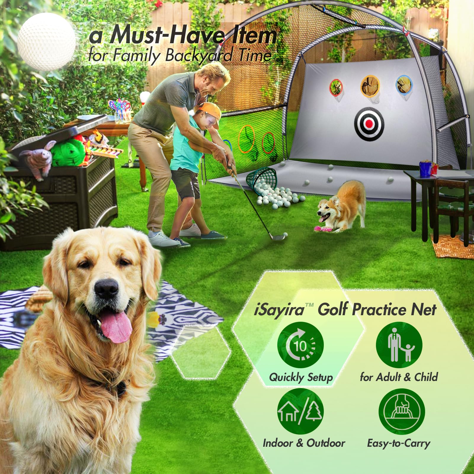 Golf Practice Net,2-in-1 Golf net,Golf Hitting Aids Nets for Backyard Driving Chipping, Home Golf Swing Training with Targets /1 Golf Mat / 12 Golf Balls / 1 Golf Tees/Bag - Men Indoor Outdoor Sports…
