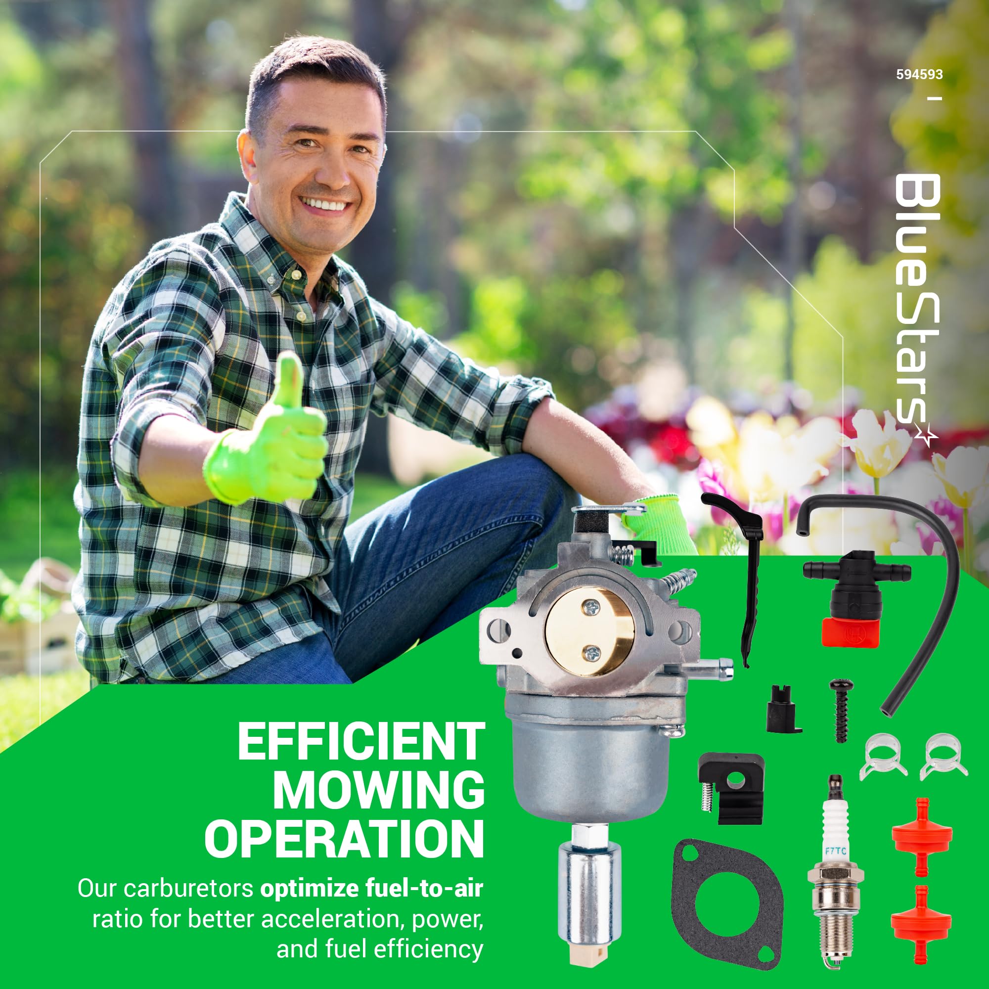 BlueStars 594593 Carburetor Kit - For John Deere LA105 D110 D105 LA115 D100 LA110 LA125 697203 JS40 L1742 1742HS S17 Lawn Tractor 17hp 19hp 21hp Nikki 697203 792036 792345 591731 796109 31H777 590400